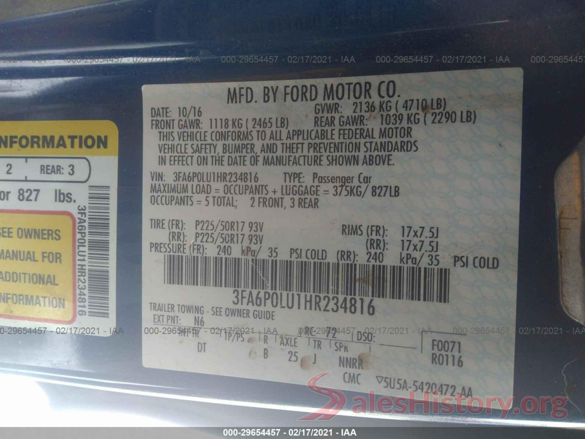 3FA6P0LU1HR234816 2017 FORD FUSION