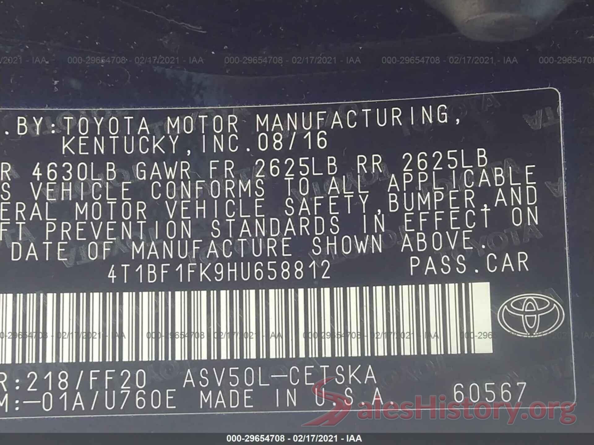 4T1BF1FK9HU658812 2017 TOYOTA CAMRY