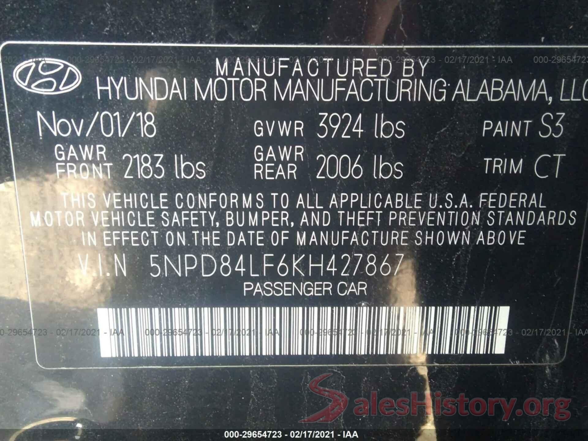 5NPD84LF6KH427867 2019 HYUNDAI ELANTRA