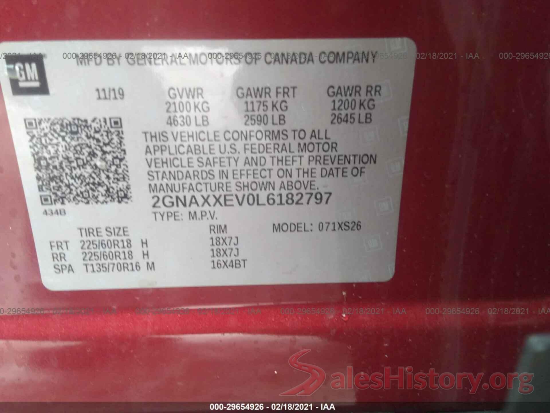 2GNAXXEV0L6182797 2020 CHEVROLET EQUINOX