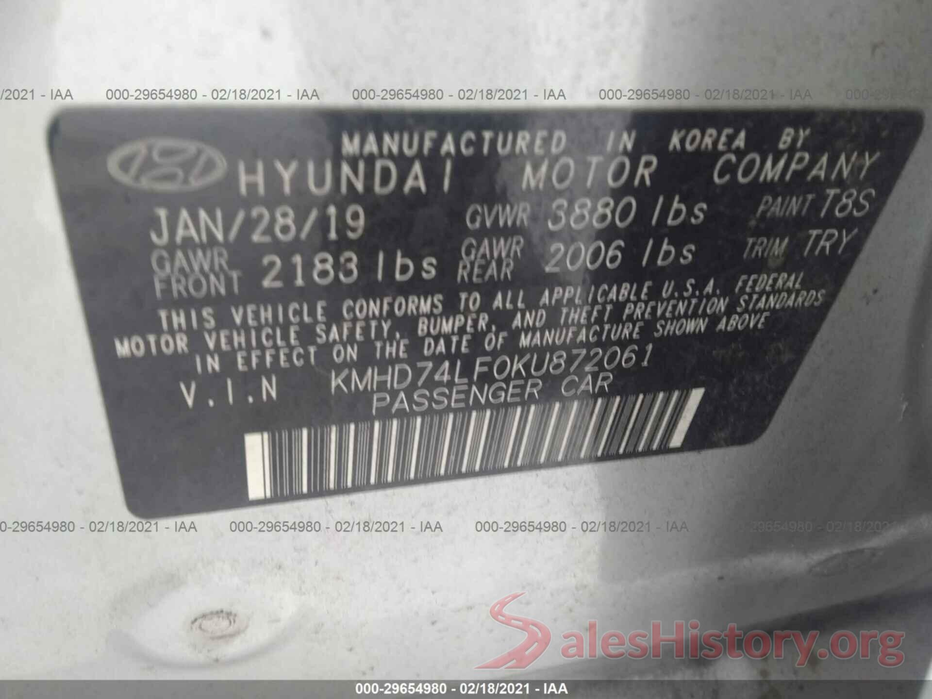 KMHD74LF0KU872061 2019 HYUNDAI ELANTRA