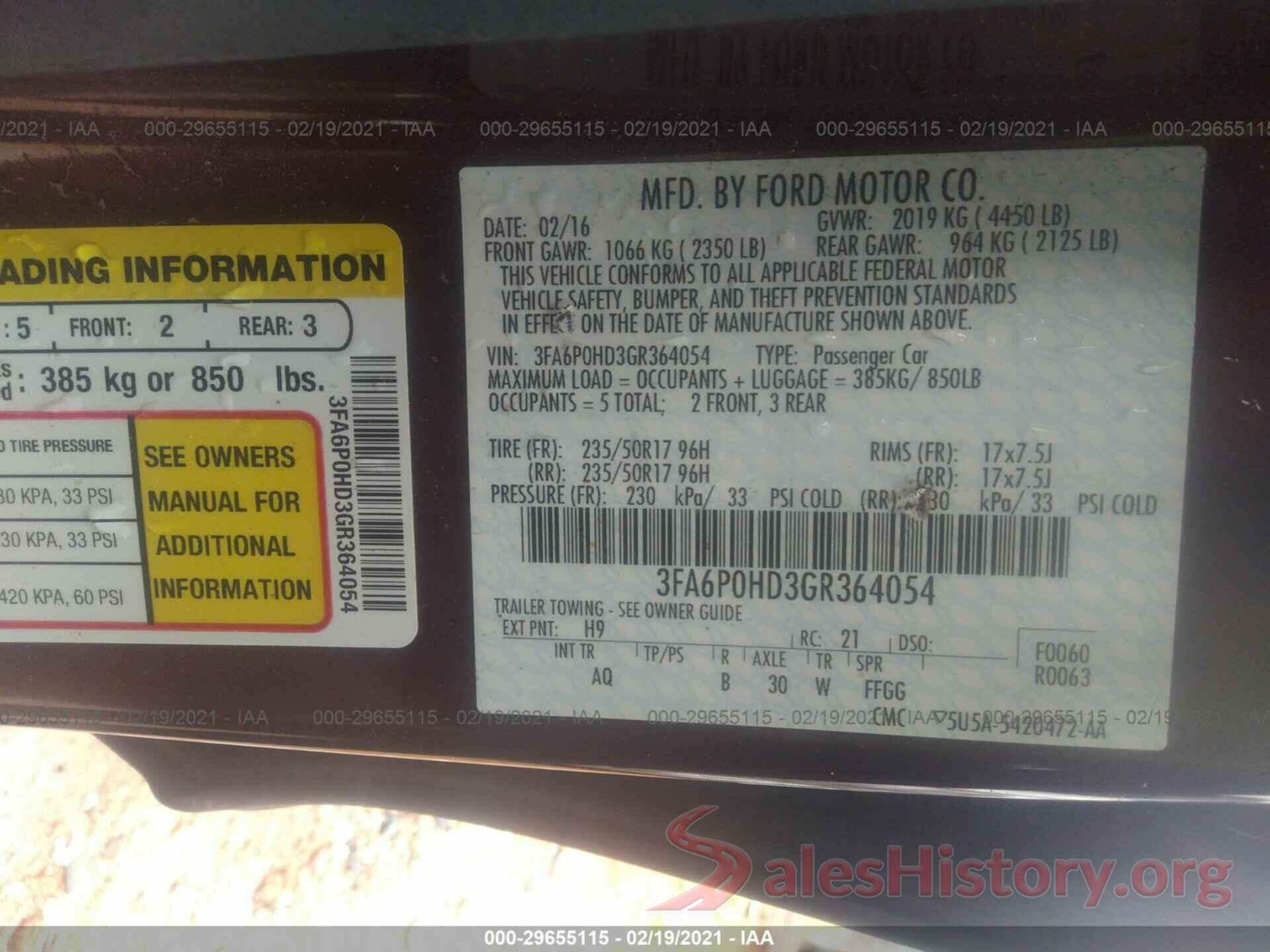 3FA6P0HD3GR364054 2016 FORD FUSION