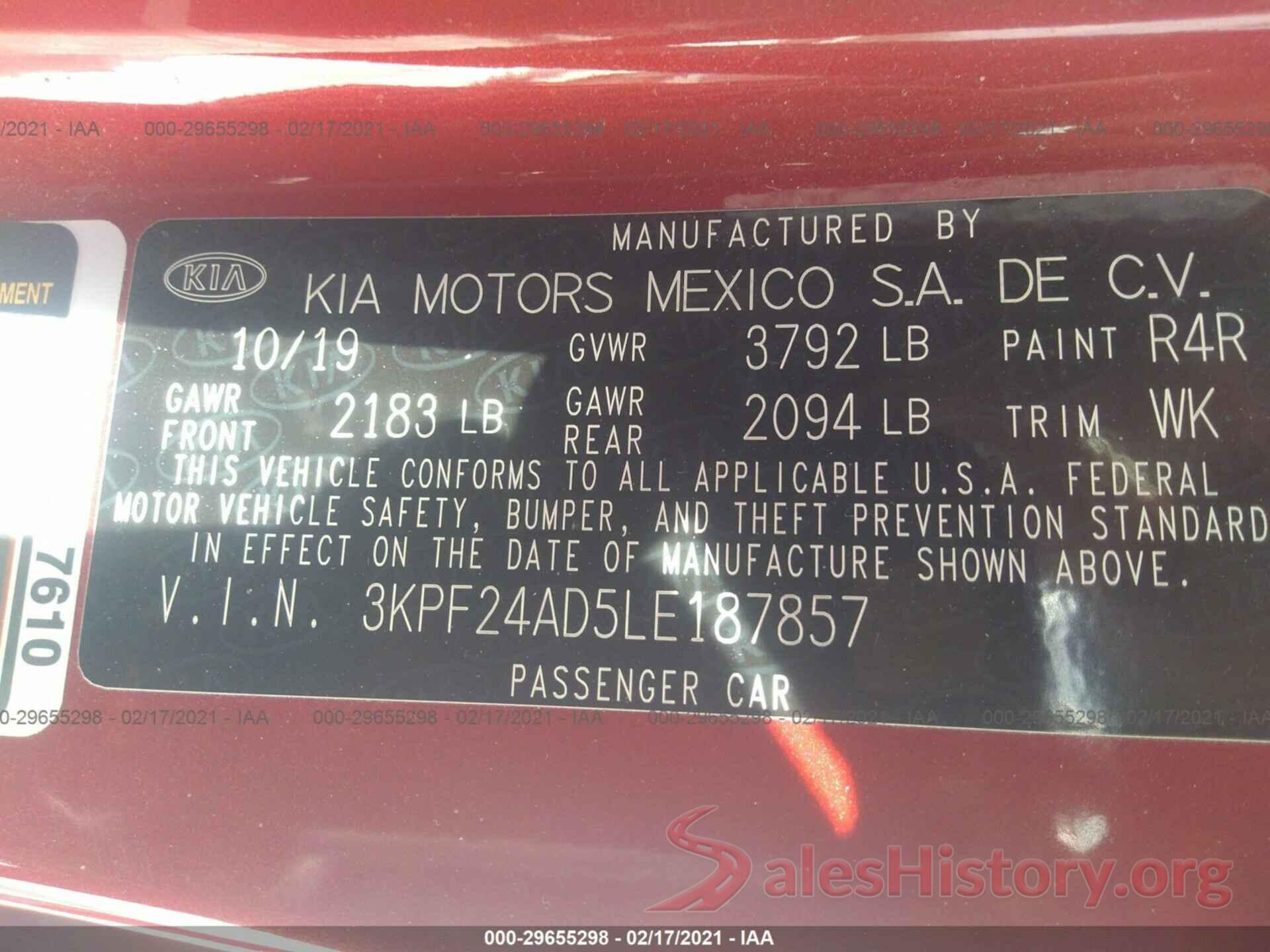 3KPF24AD5LE187857 2020 KIA FORTE