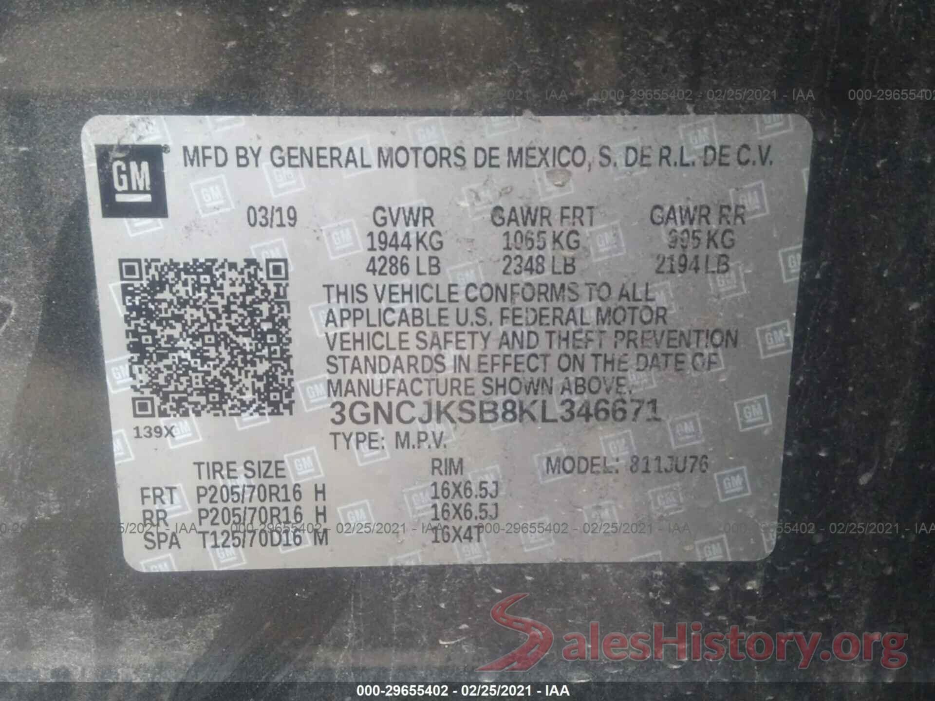 3GNCJKSB8KL346671 2019 CHEVROLET TRAX