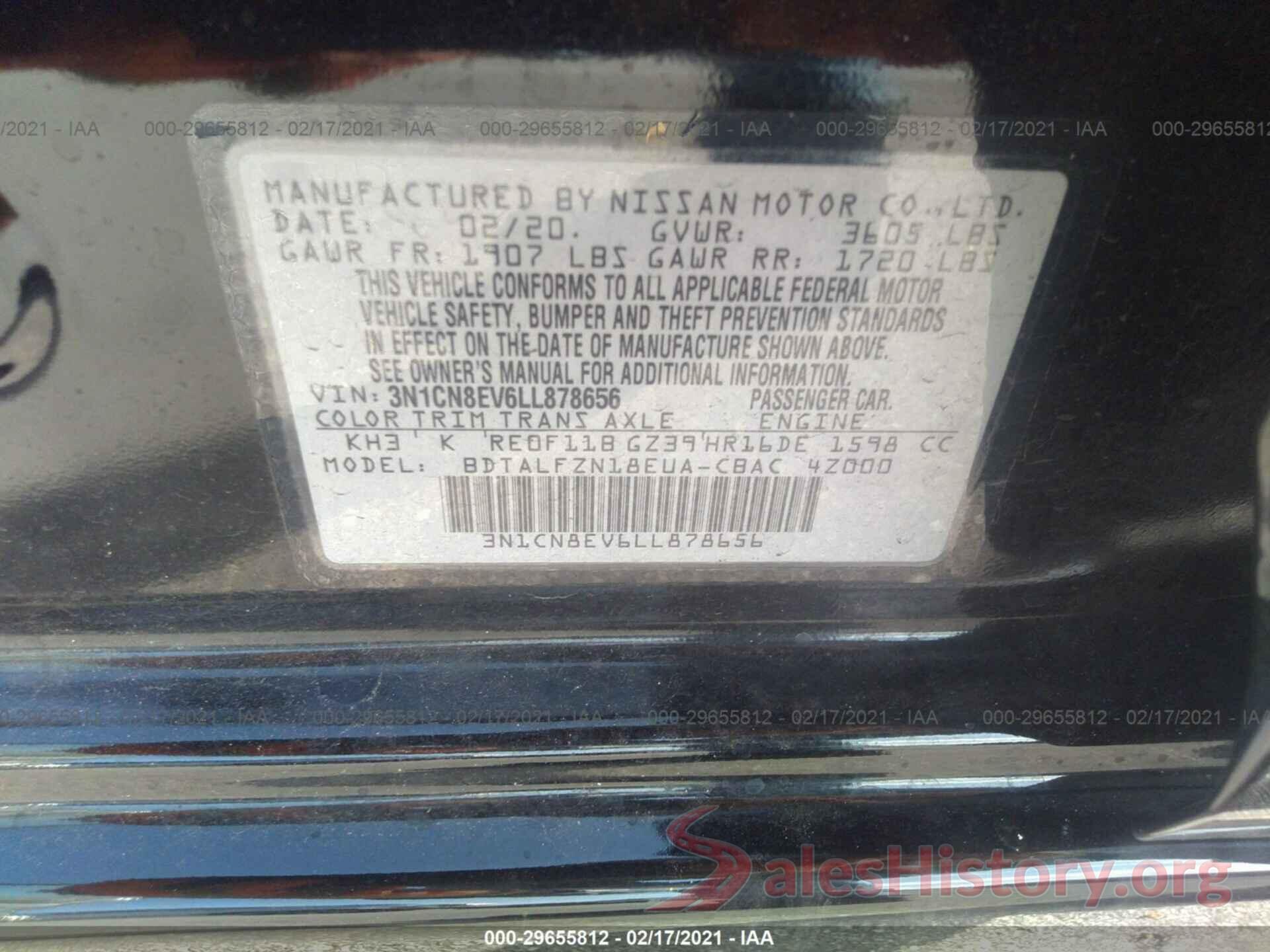 3N1CN8EV6LL878656 2020 NISSAN VERSA