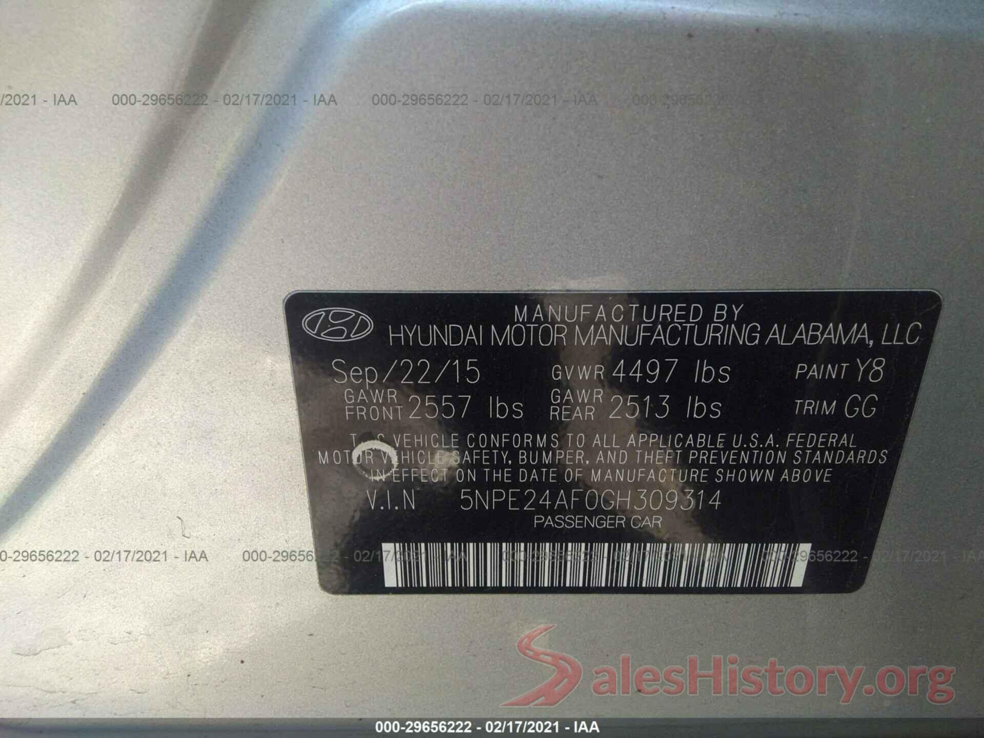 5NPE24AF0GH309314 2016 HYUNDAI SONATA