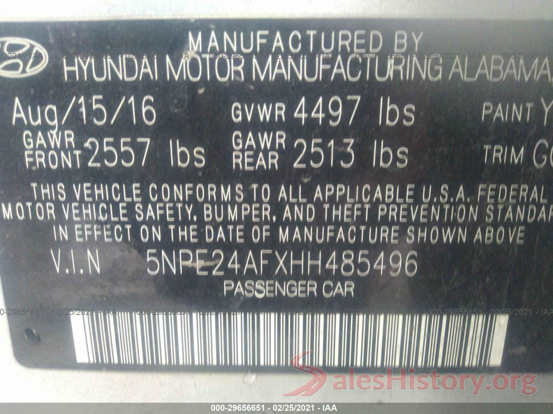 5NPE24AFXHH485496 2017 HYUNDAI SONATA