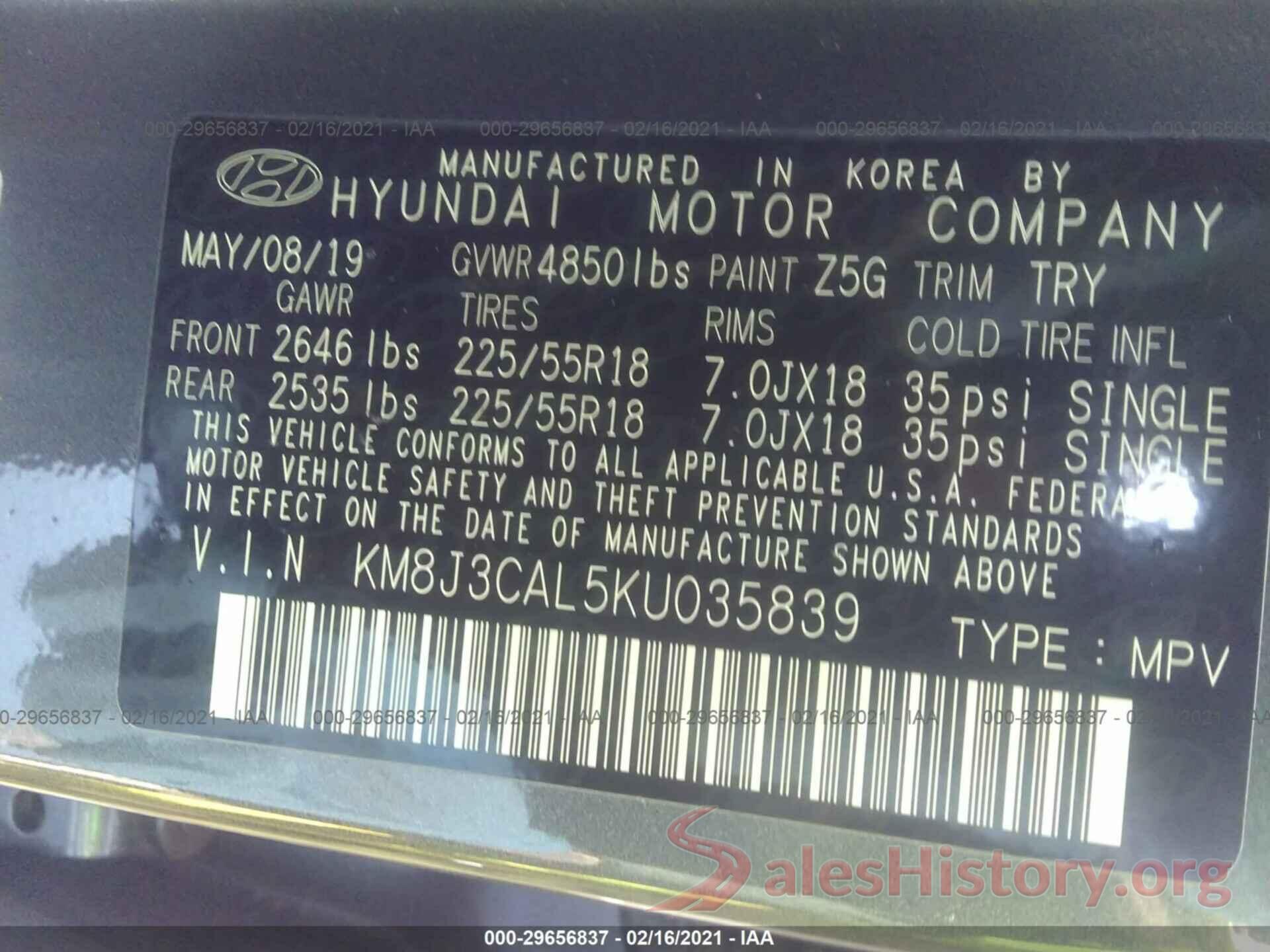 KM8J3CAL5KU035839 2019 HYUNDAI TUCSON