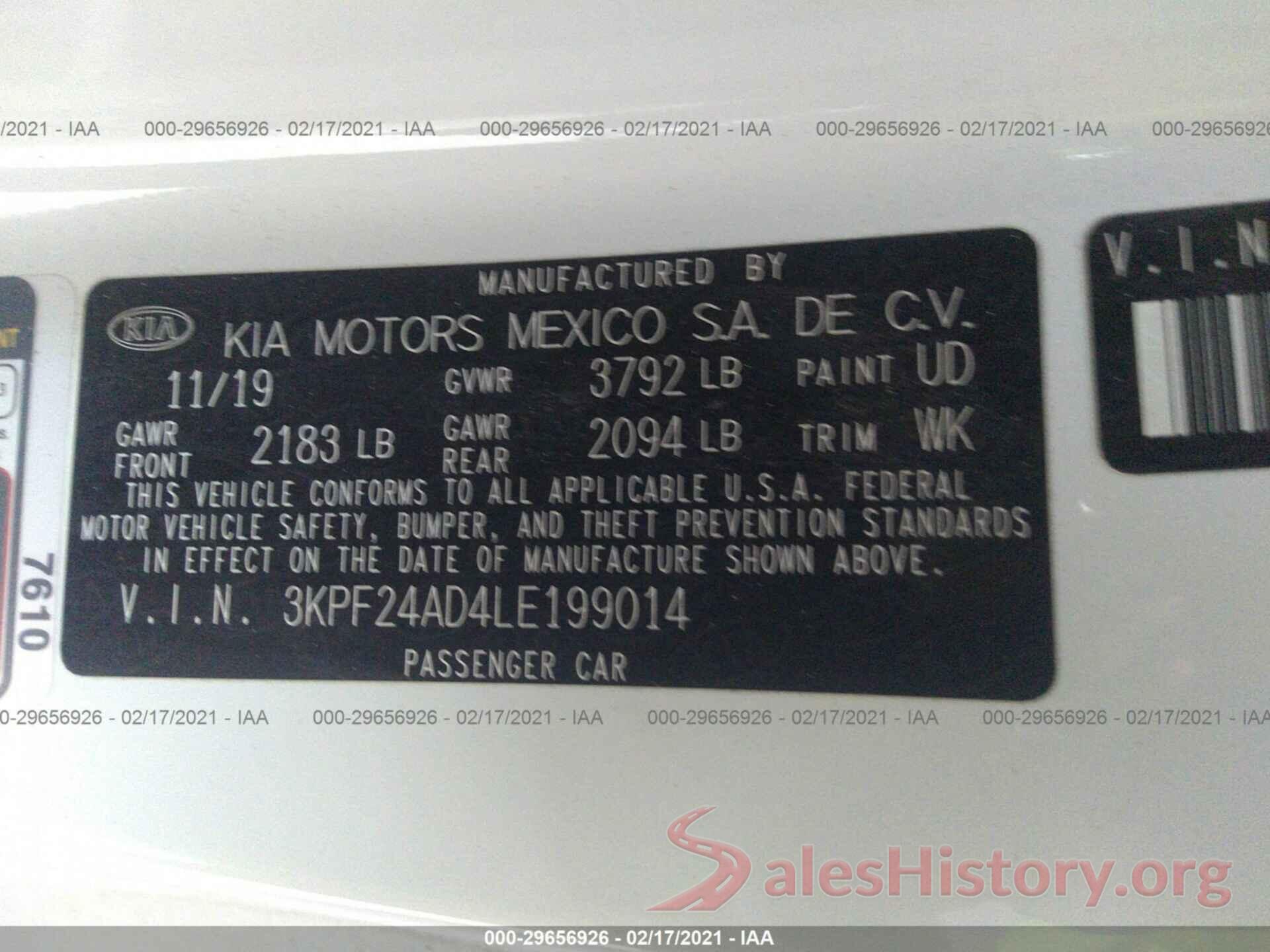 3KPF24AD4LE199014 2020 KIA FORTE