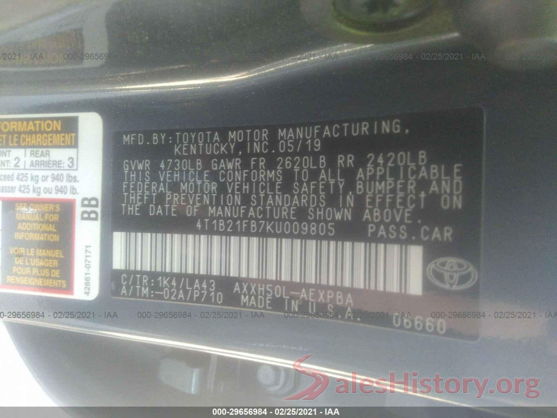 4T1B21FB7KU009805 2019 TOYOTA AVALON