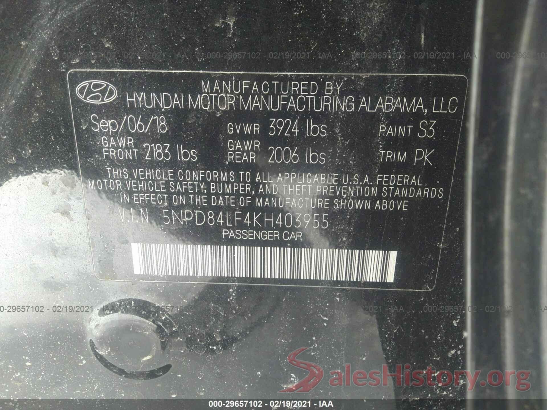 5NPD84LF4KH403955 2019 HYUNDAI ELANTRA