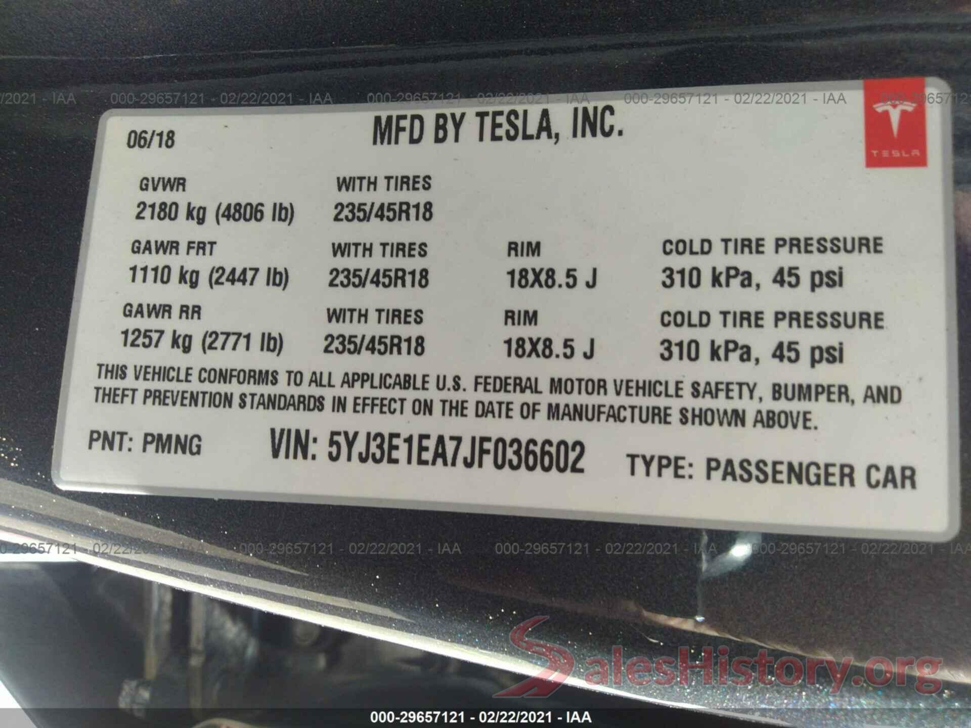 5YJ3E1EA7JF036602 2018 TESLA MODEL 3