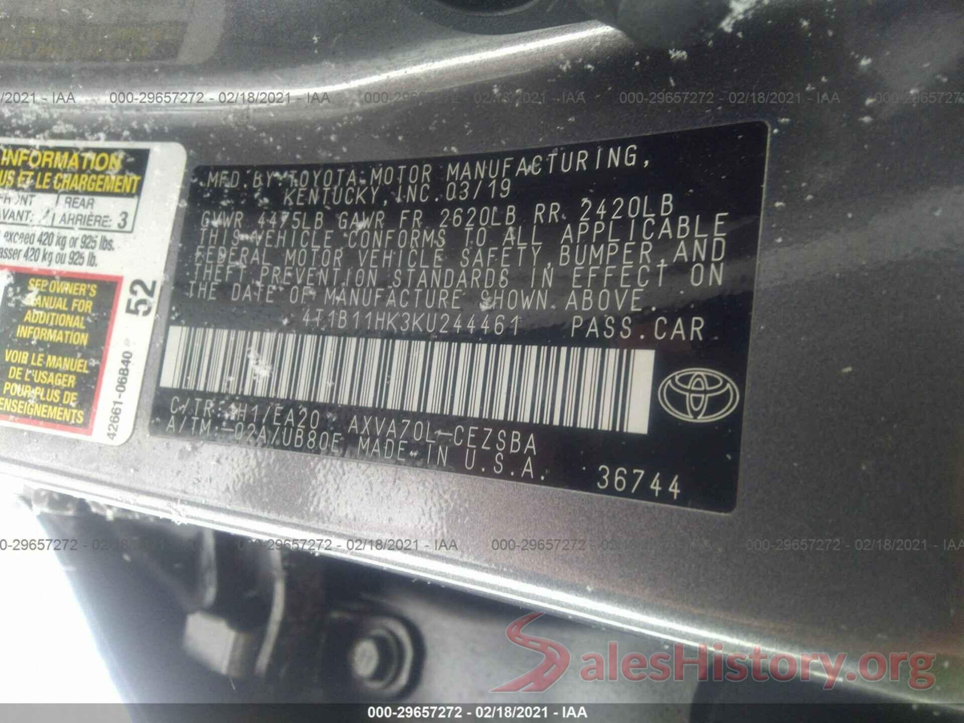 4T1B11HK3KU244461 2019 TOYOTA CAMRY