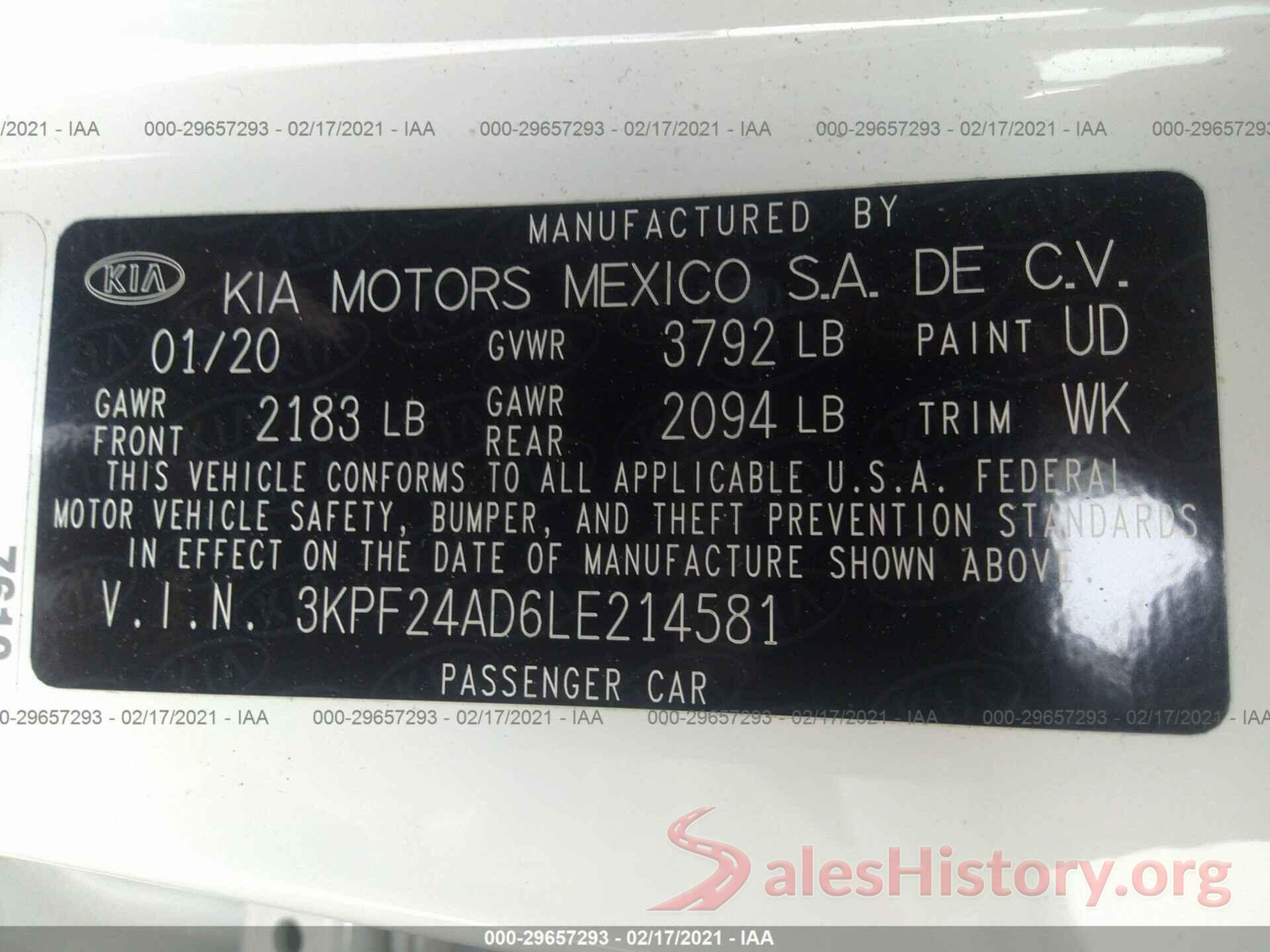 3KPF24AD6LE214581 2020 KIA FORTE