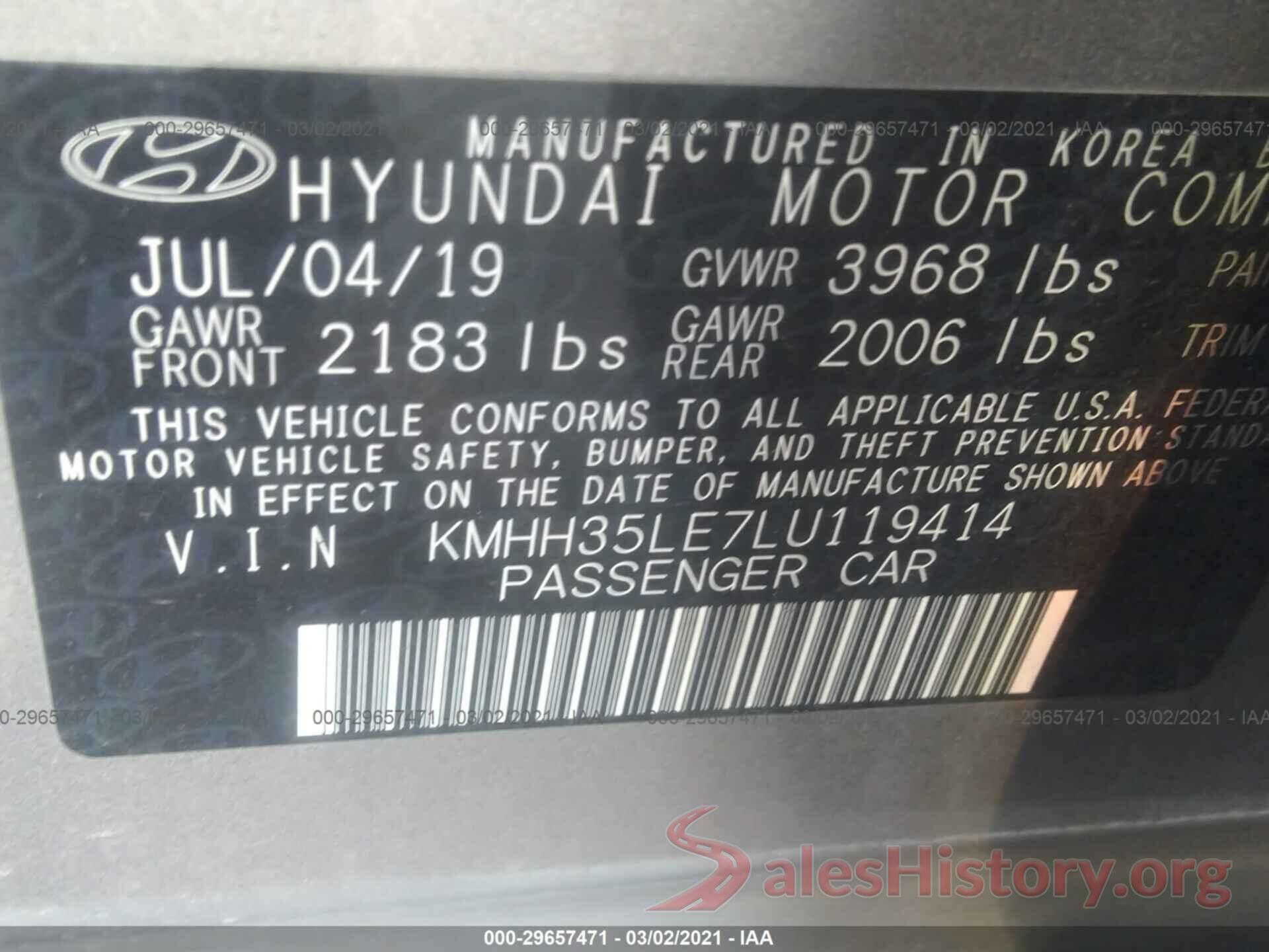 KMHH35LE7LU119414 2020 HYUNDAI ELANTRA GT