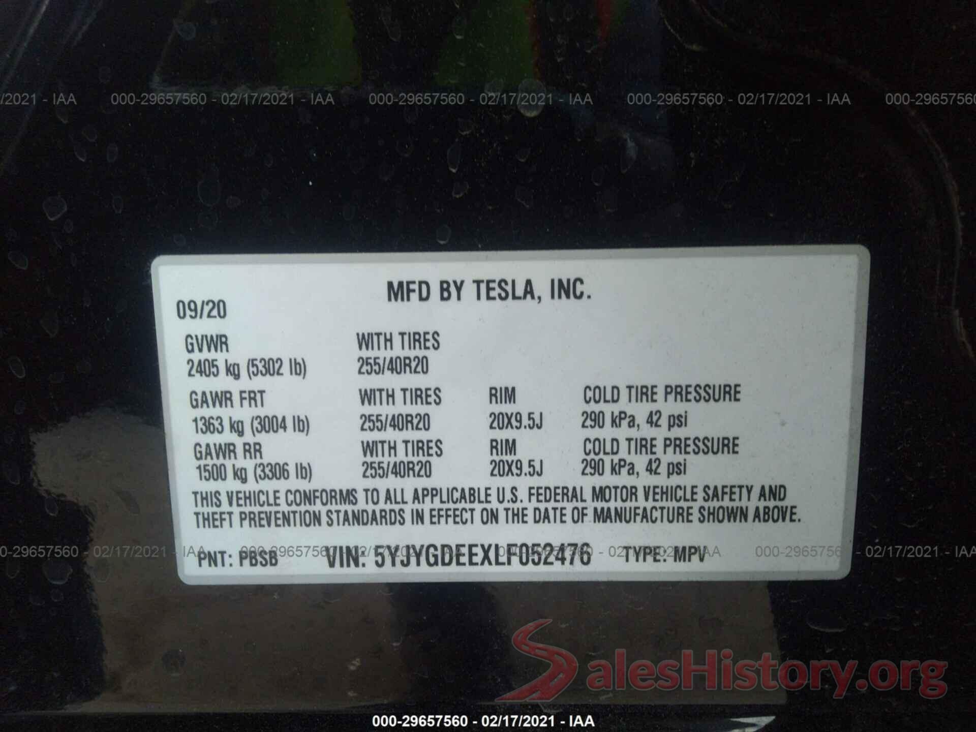 5YJYGDEEXLF052476 2020 TESLA MODEL Y