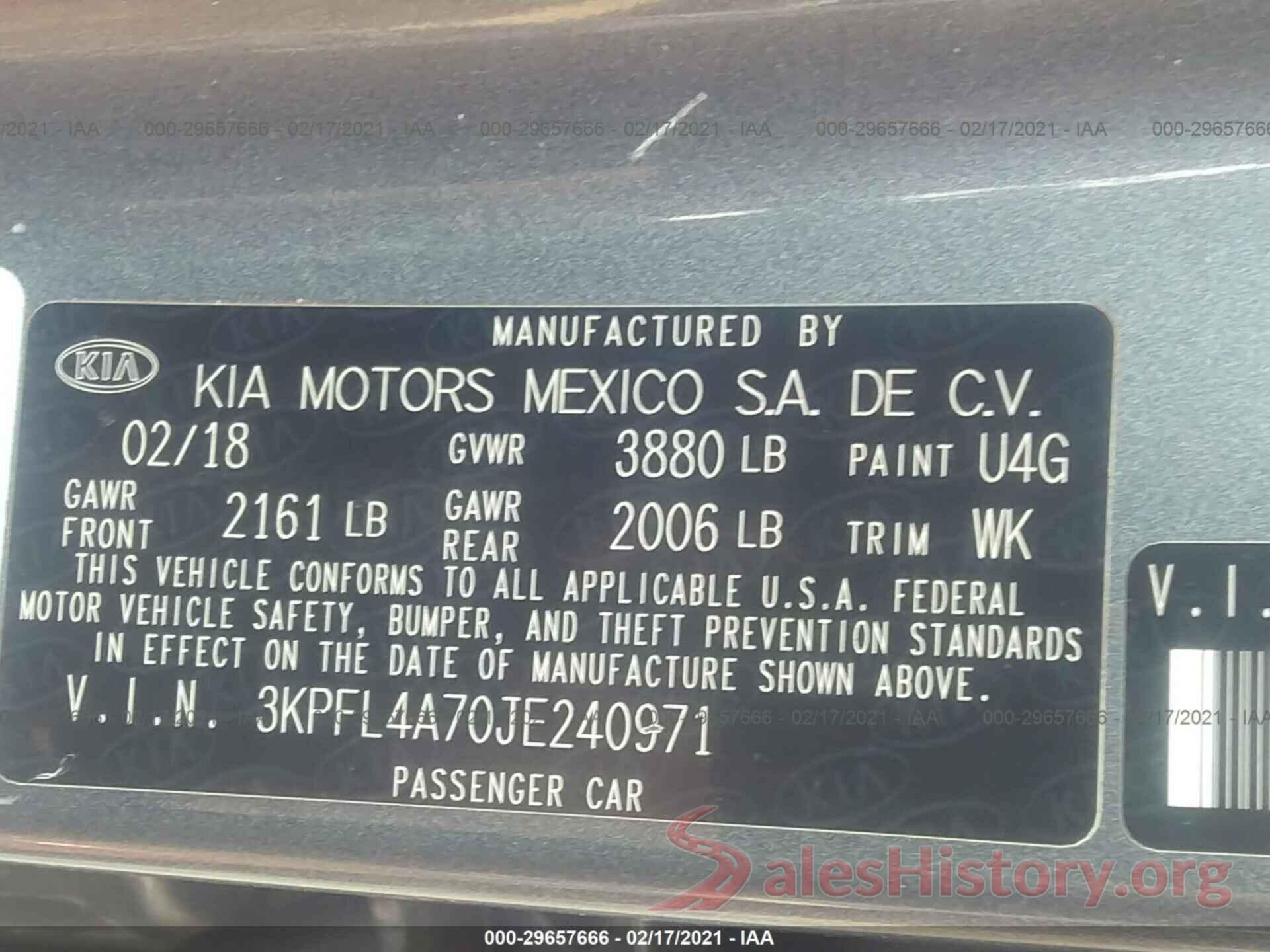 3KPFL4A70JE240971 2018 KIA FORTE