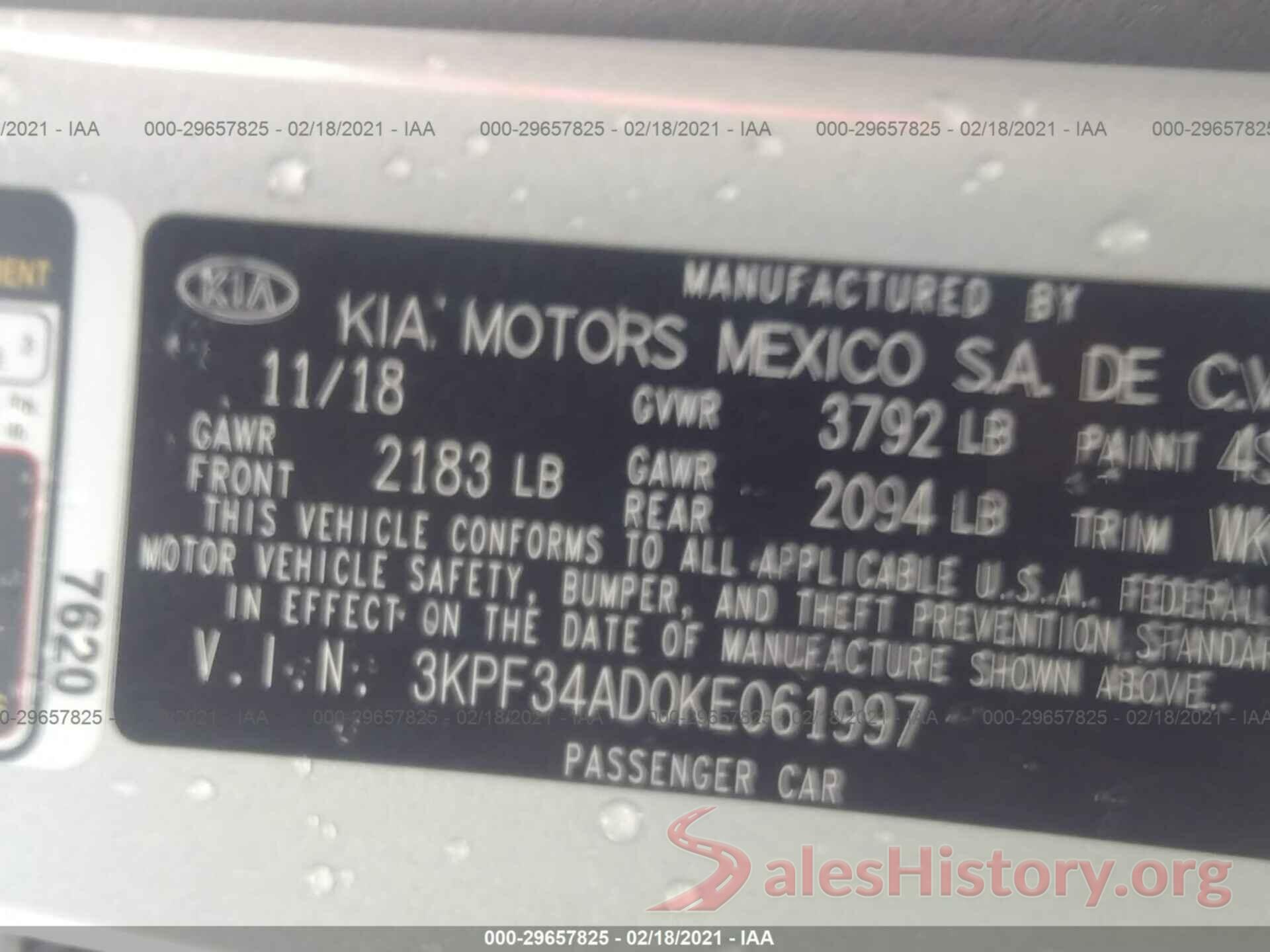 3KPF34AD0KE061997 2019 KIA FORTE