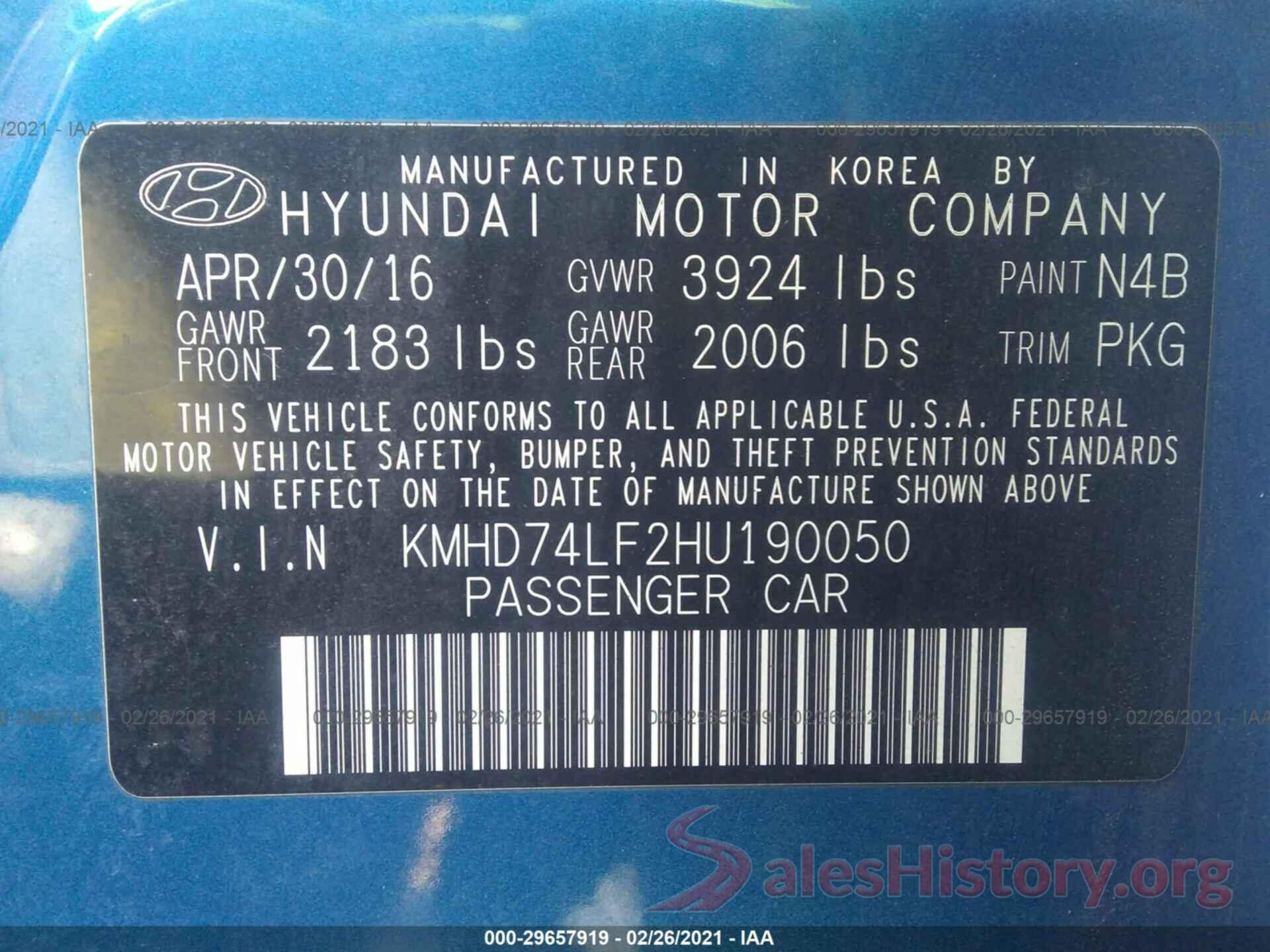 KMHD74LF2HU190050 2017 HYUNDAI ELANTRA