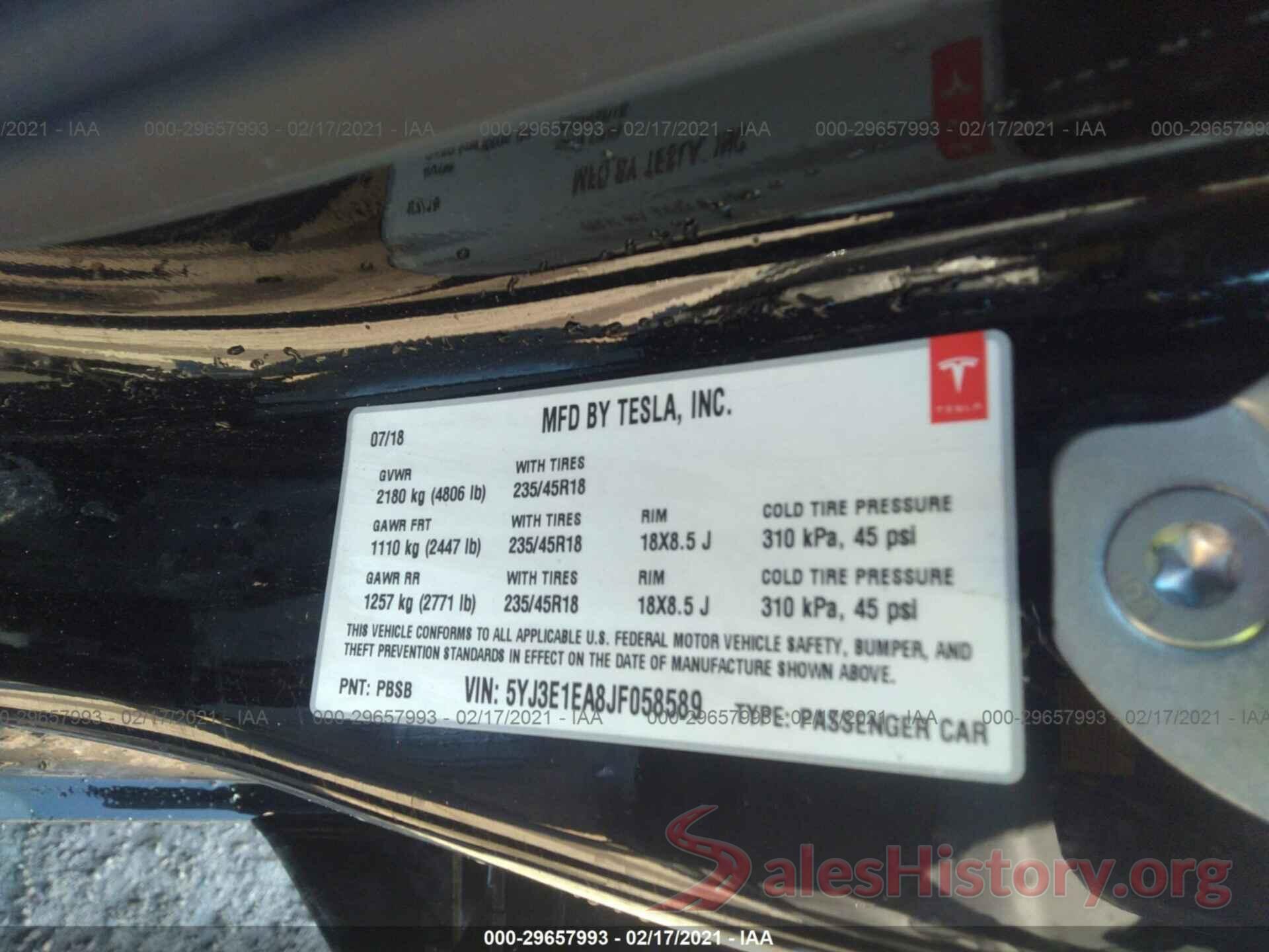 5YJ3E1EA8JF058589 2018 TESLA MODEL 3