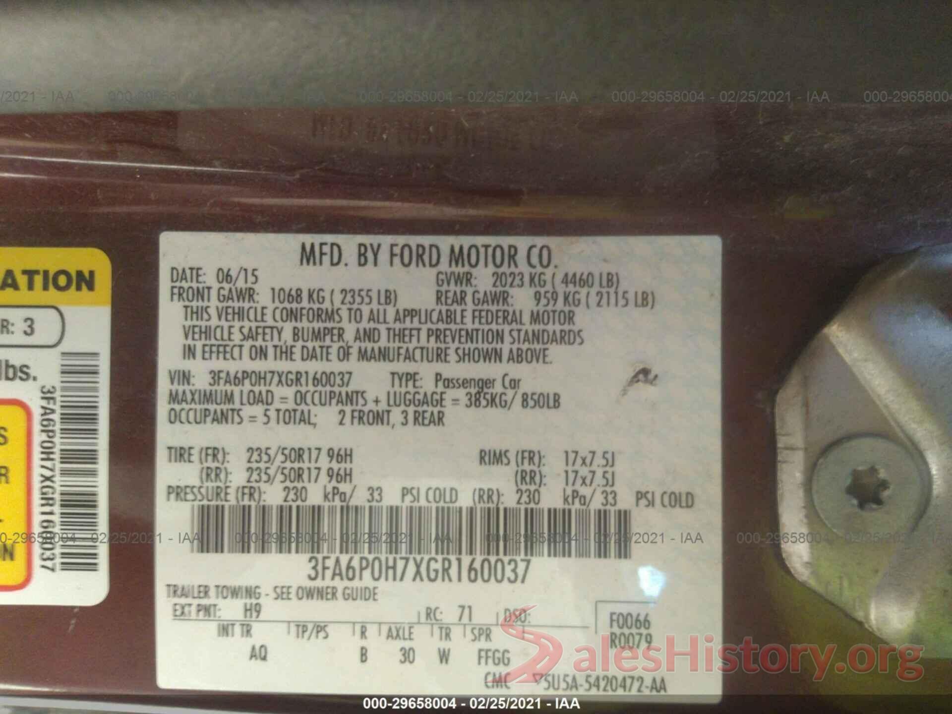 3FA6P0H7XGR160037 2016 FORD FUSION