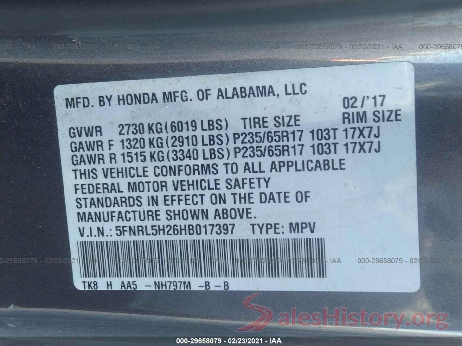 5FNRL5H26HB017397 2017 HONDA ODYSSEY