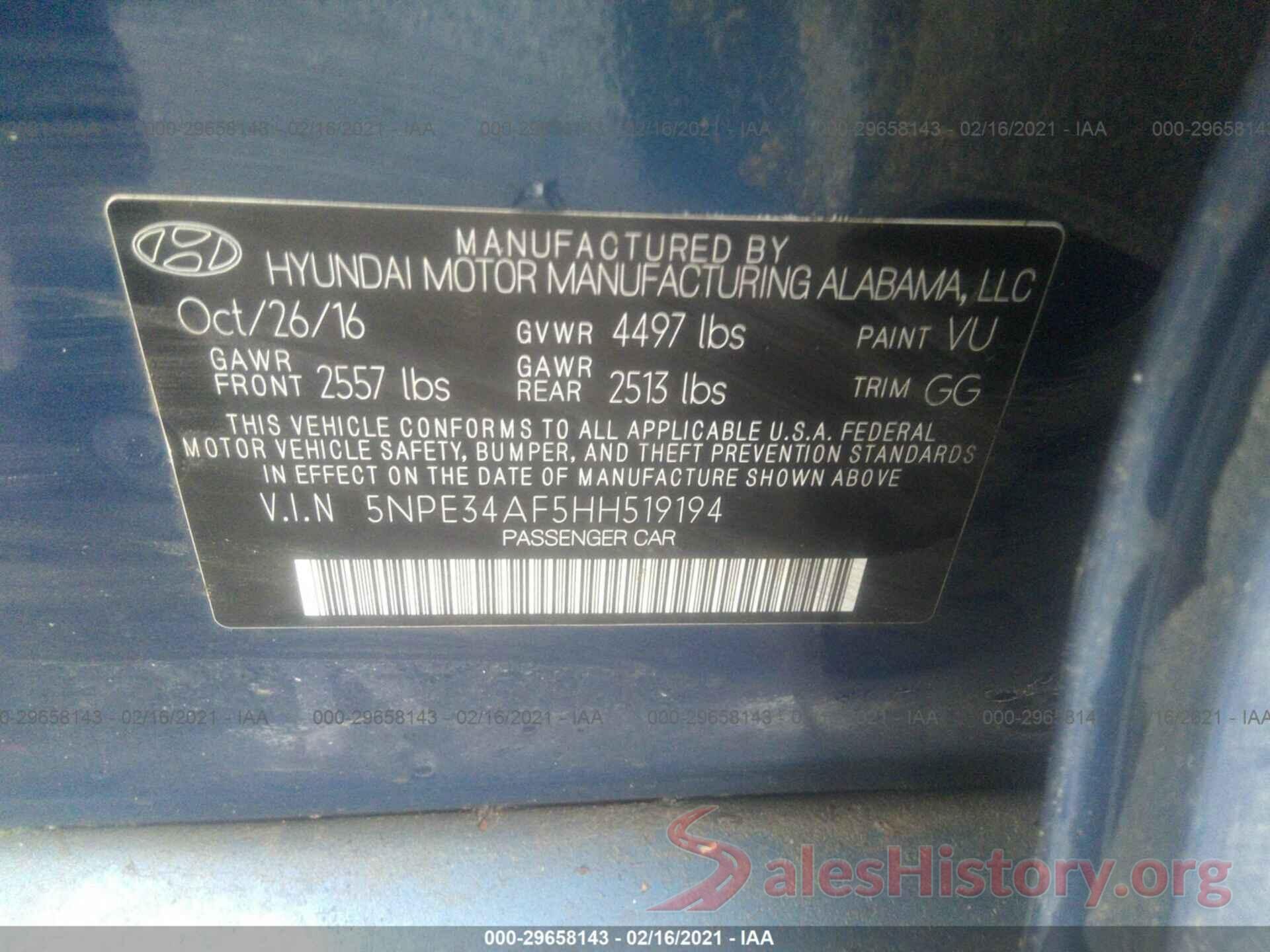 5NPE34AF5HH519194 2017 HYUNDAI SONATA