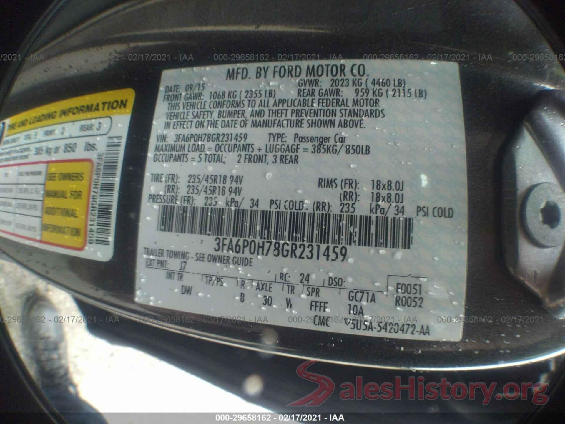 3FA6P0H78GR231459 2016 FORD FUSION