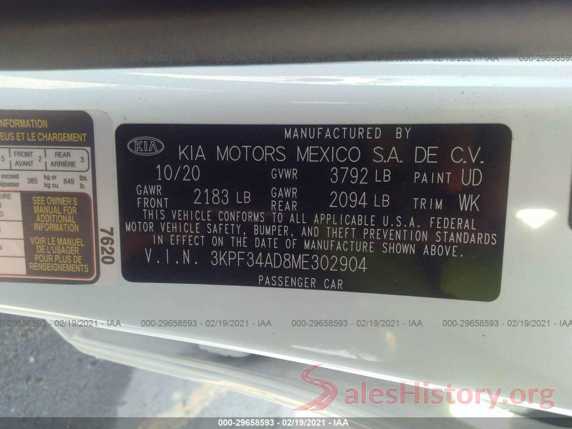 3KPF34AD8ME302904 2021 KIA FORTE