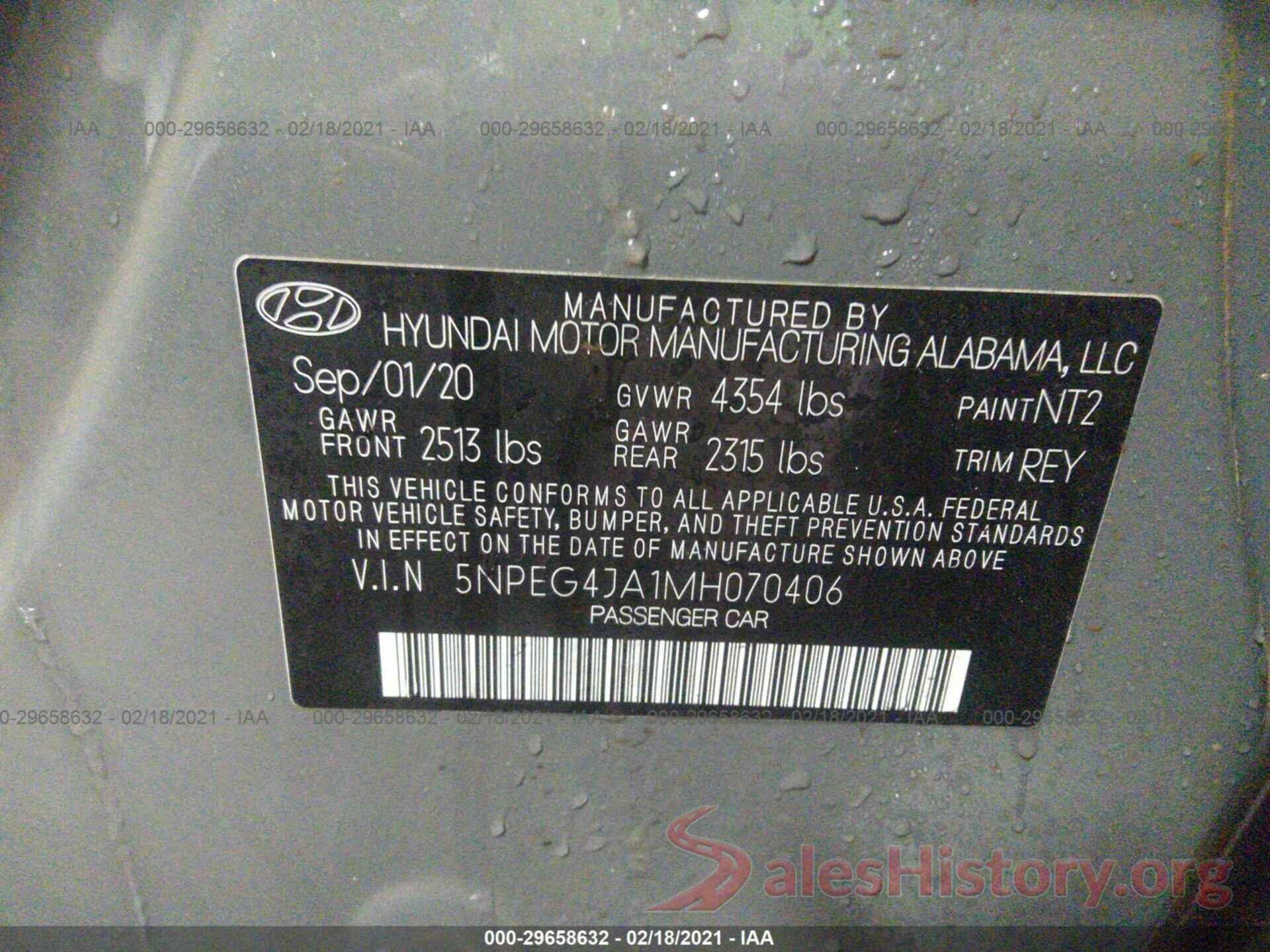 5NPEG4JA1MH070406 2021 HYUNDAI SONATA