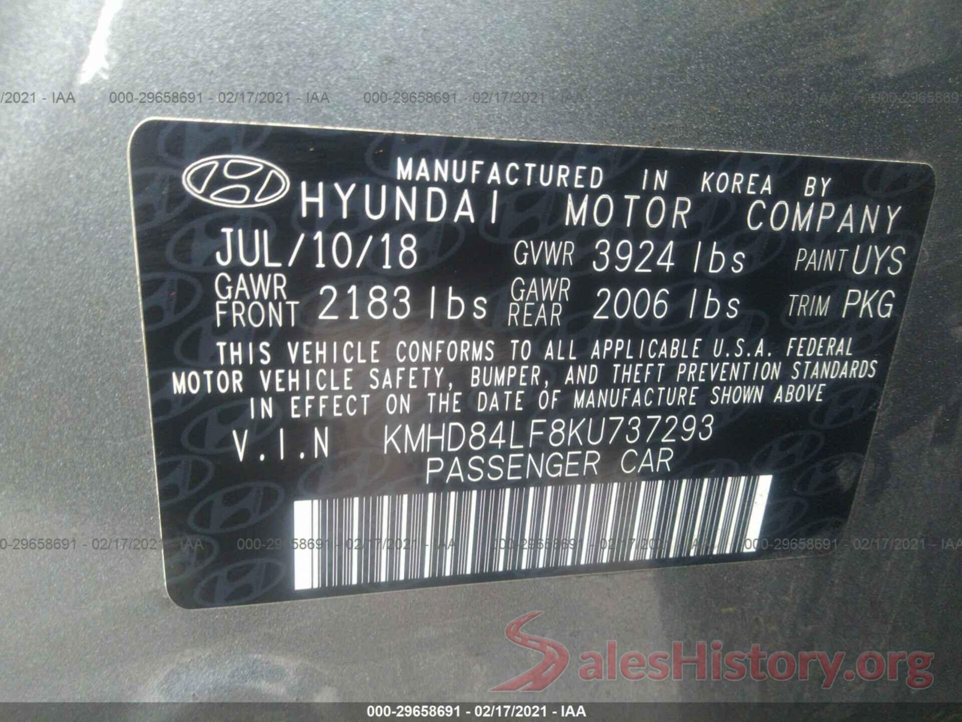 KMHD84LF8KU737293 2019 HYUNDAI ELANTRA