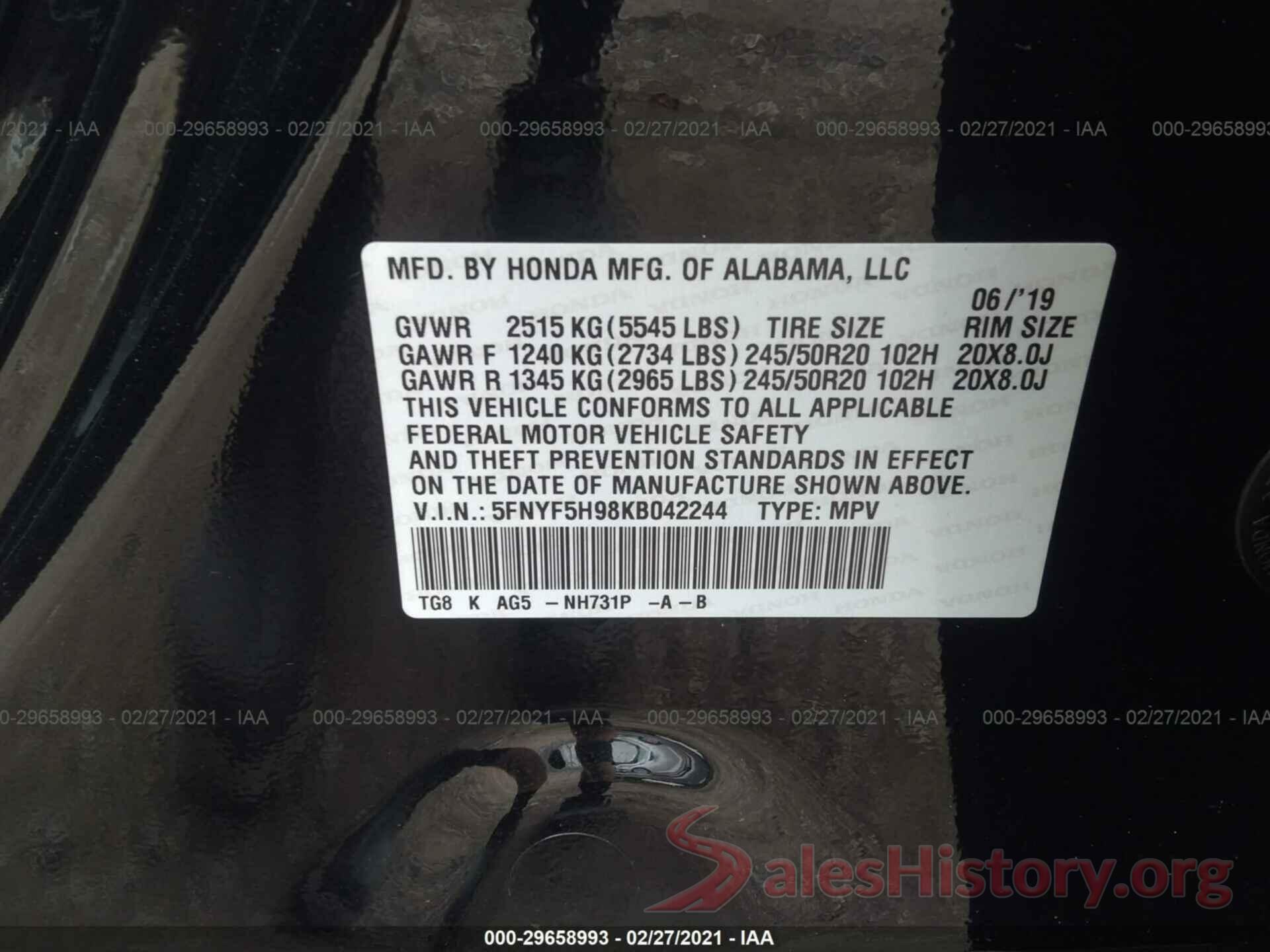 5FNYF5H98KB042244 2019 HONDA PILOT