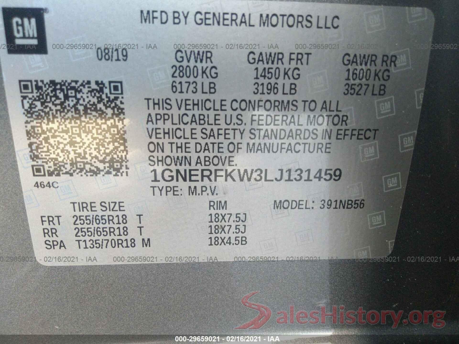 1GNERFKW3LJ131459 2020 CHEVROLET TRAVERSE