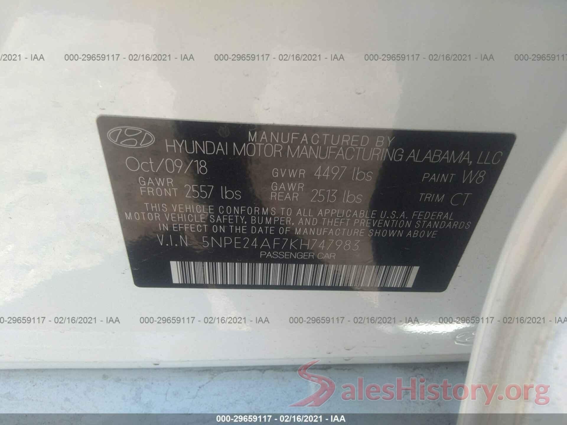 5NPE24AF7KH747983 2019 HYUNDAI SONATA