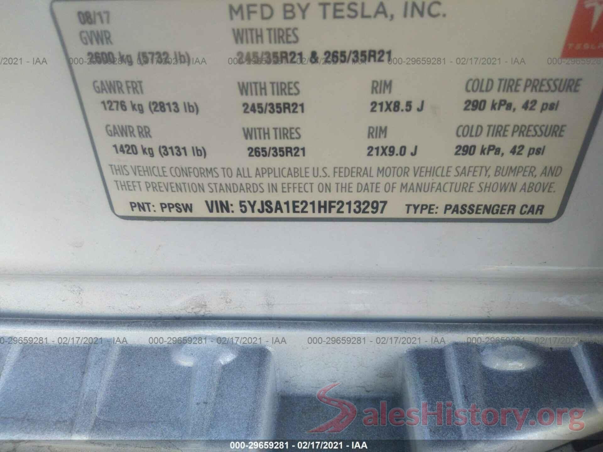 5YJSA1E21HF213297 2017 TESLA MODEL S