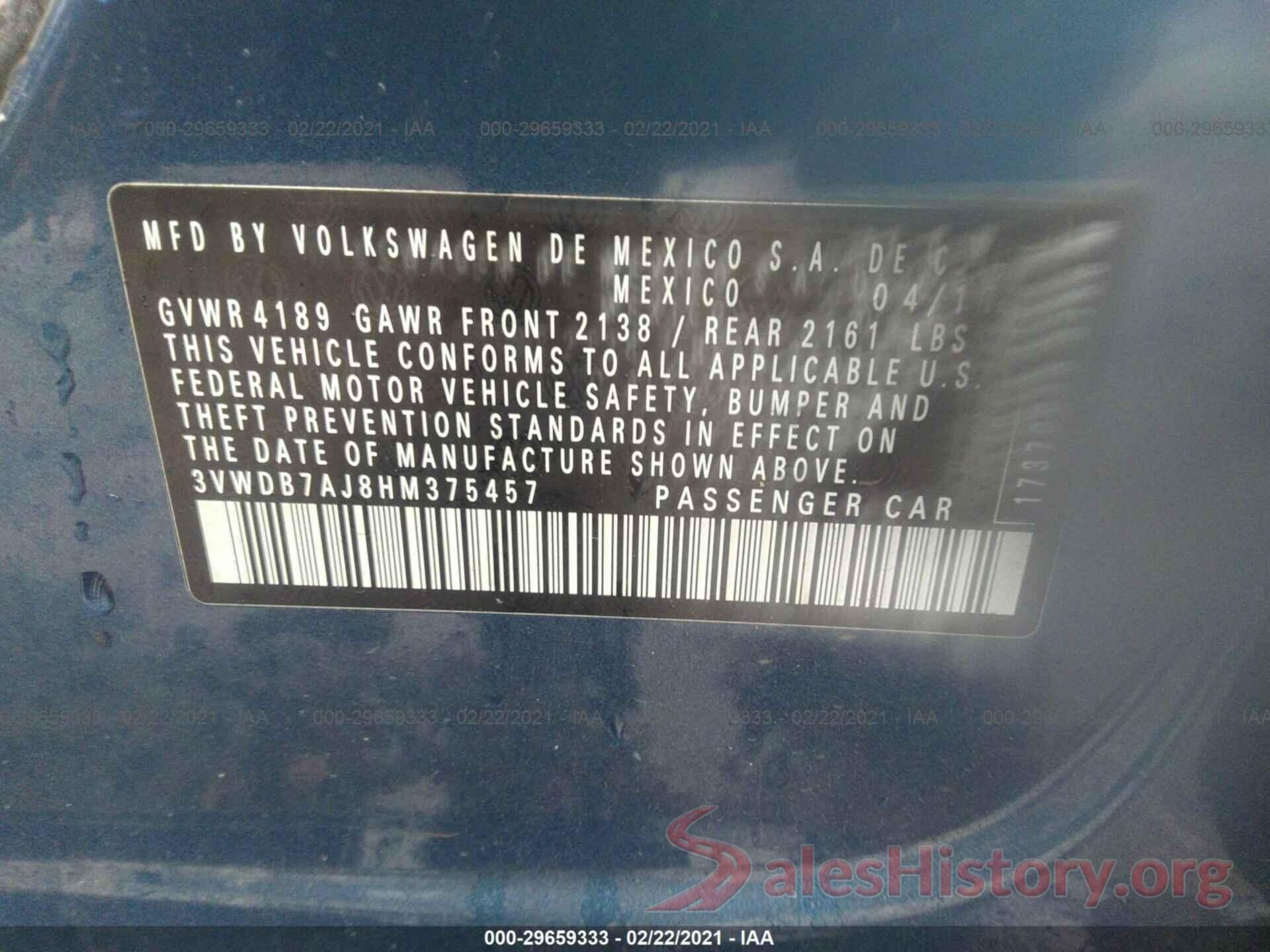 3VWDB7AJ8HM375457 2017 VOLKSWAGEN JETTA