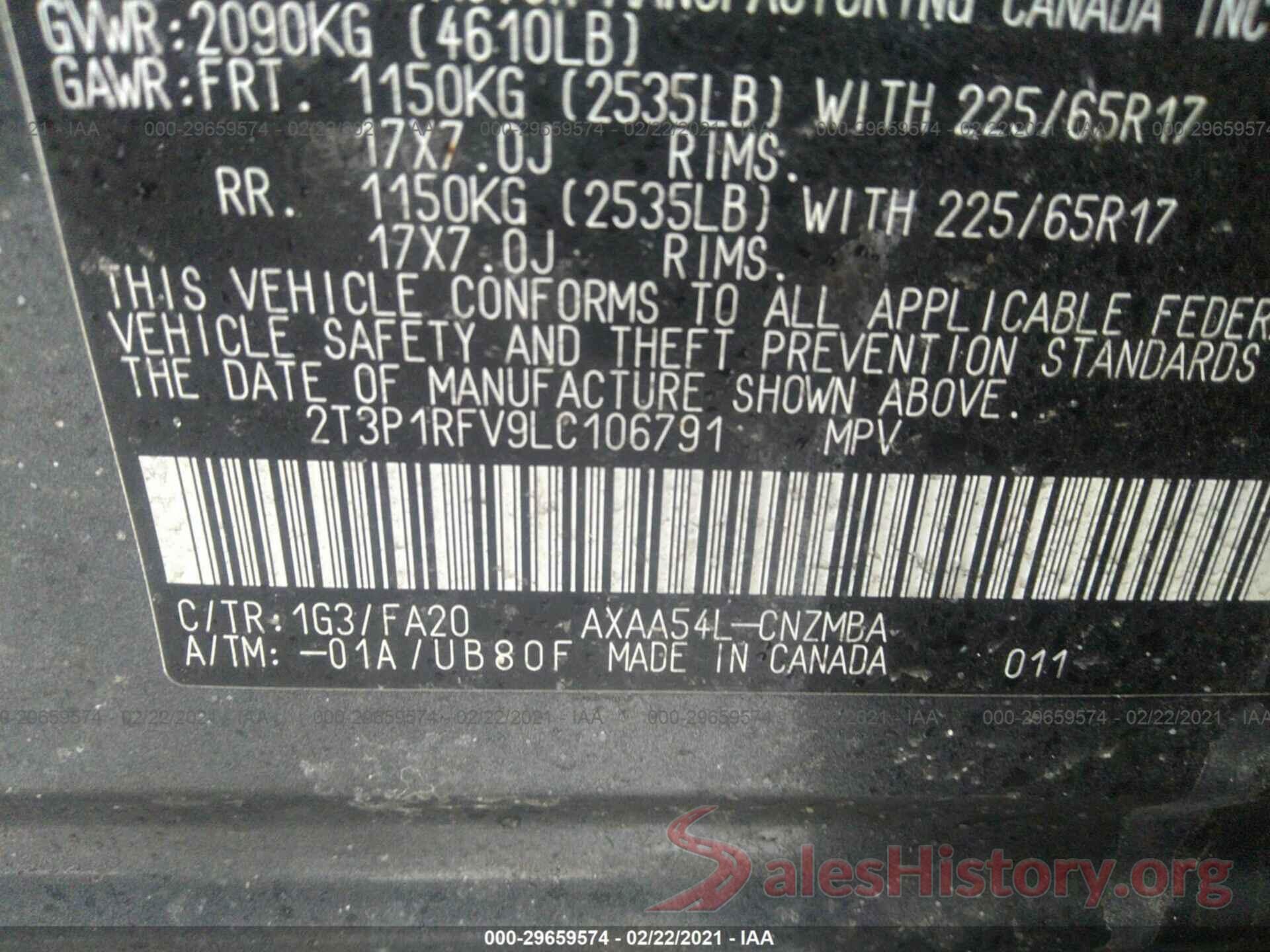 2T3P1RFV9LC106791 2020 TOYOTA RAV4