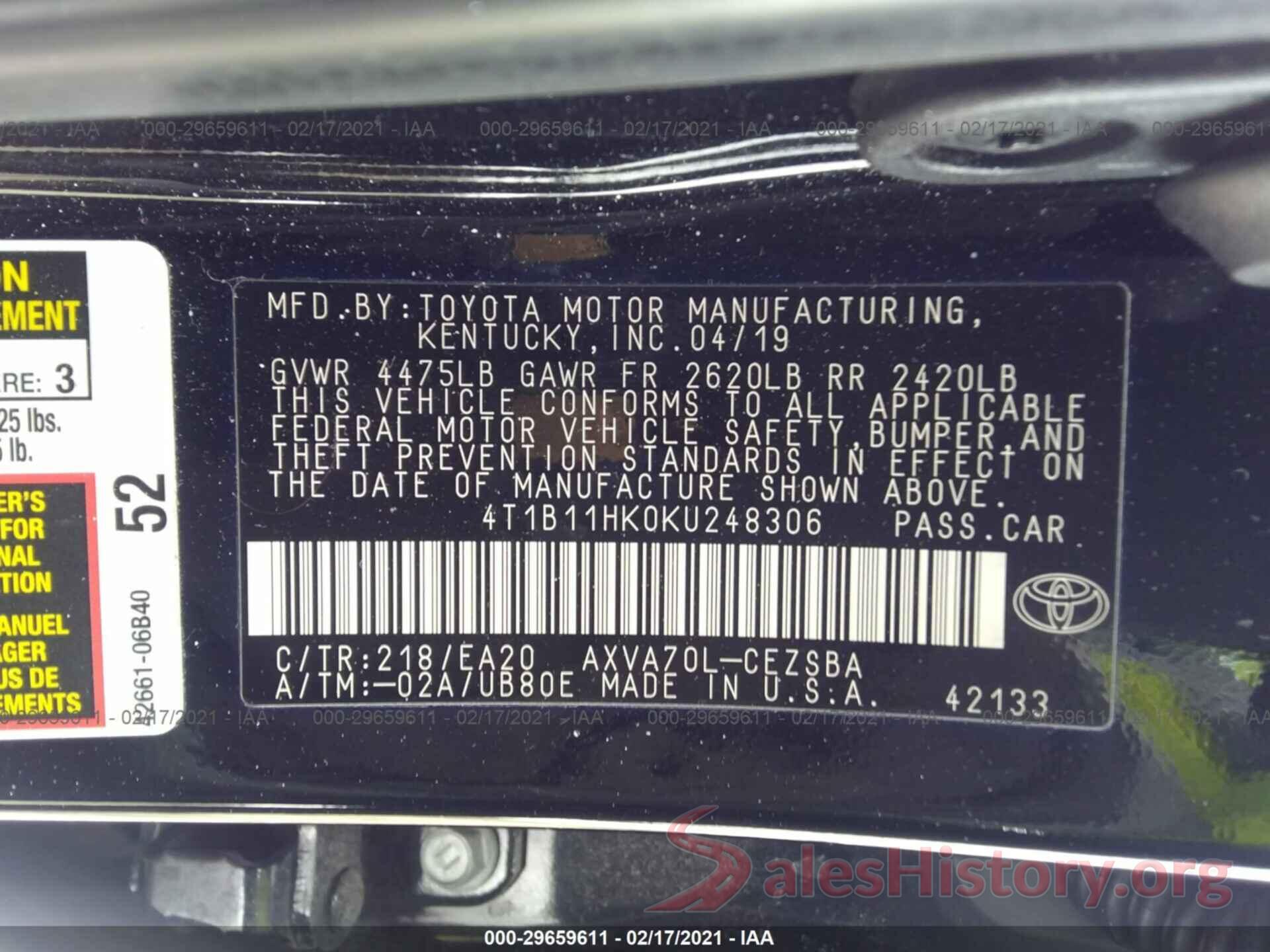 4T1B11HK0KU248306 2019 TOYOTA CAMRY