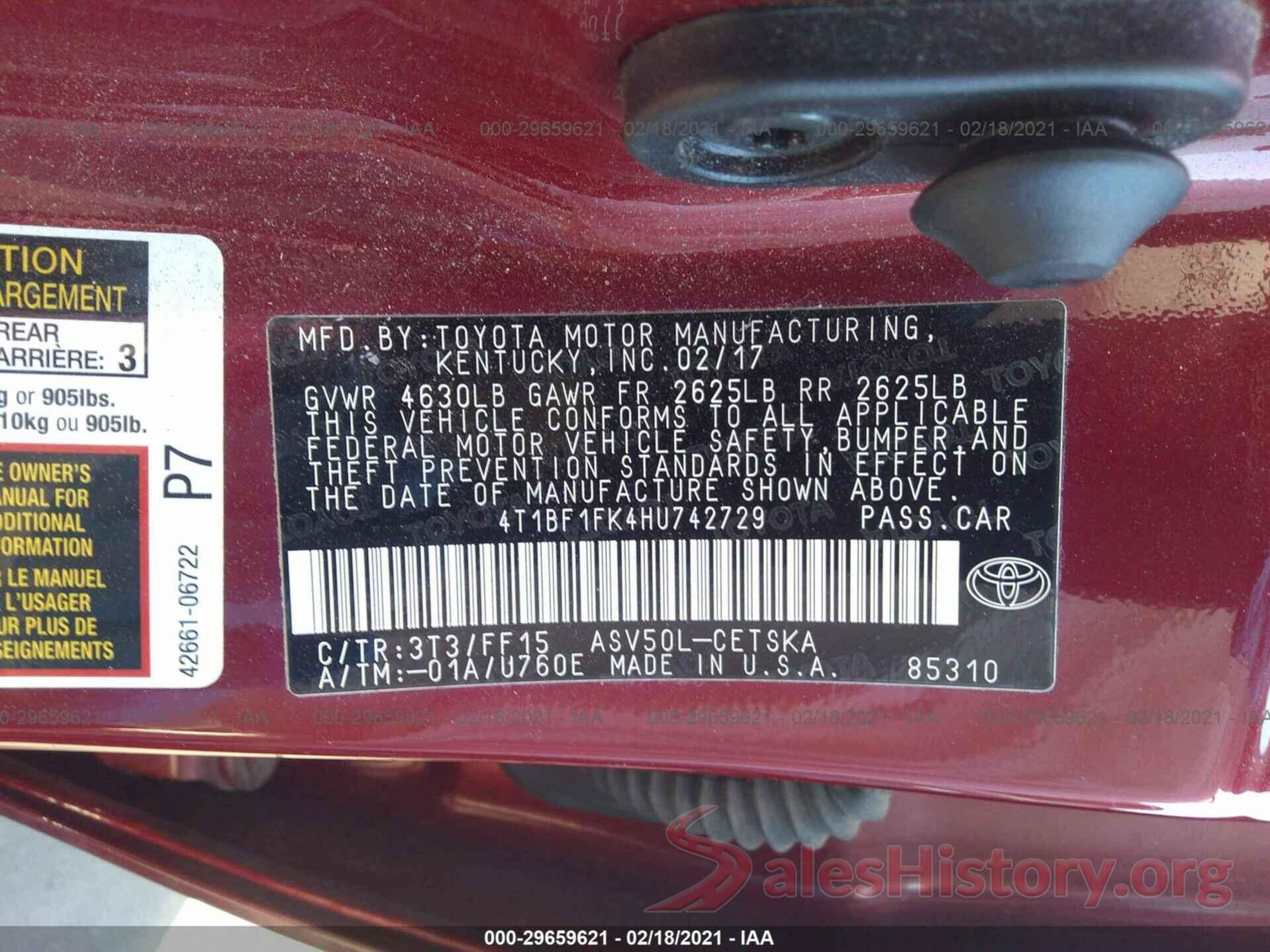 4T1BF1FK4HU742729 2017 TOYOTA CAMRY