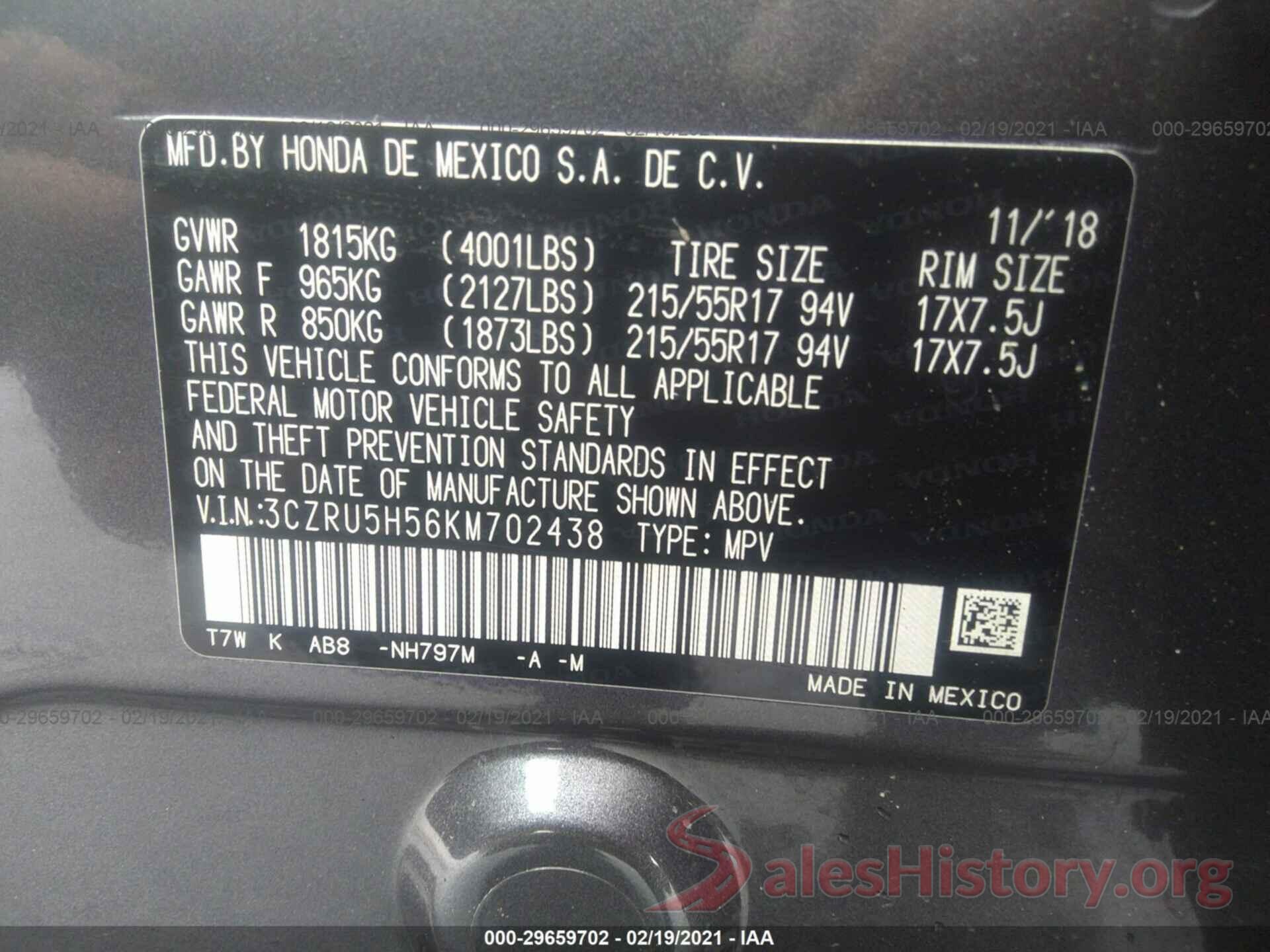 3CZRU5H56KM702438 2019 HONDA HR-V