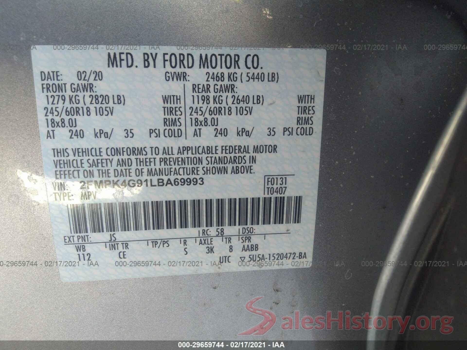 2FMPK4G91LBA69993 2020 FORD EDGE