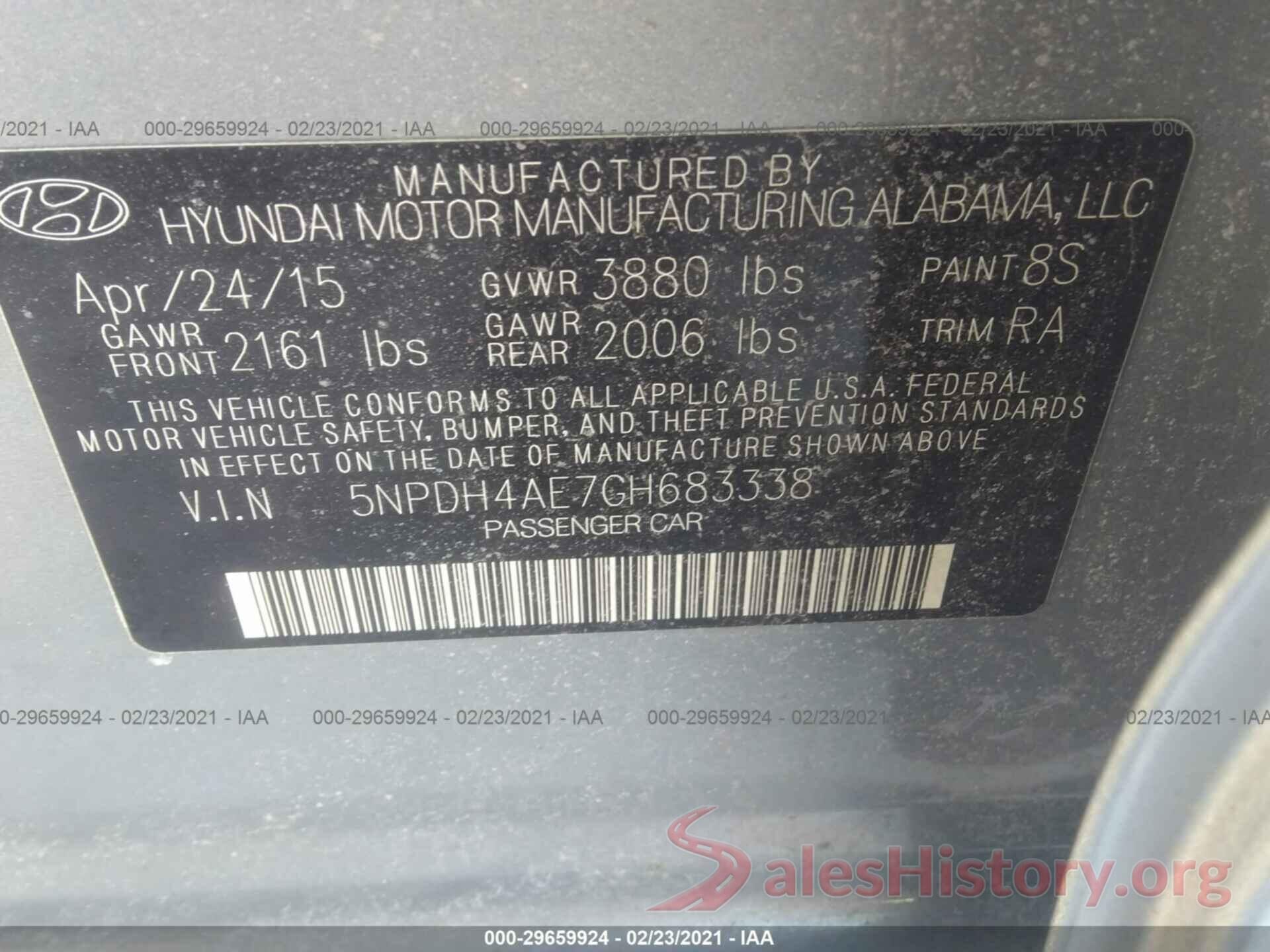 5NPDH4AE7GH683338 2016 HYUNDAI ELANTRA