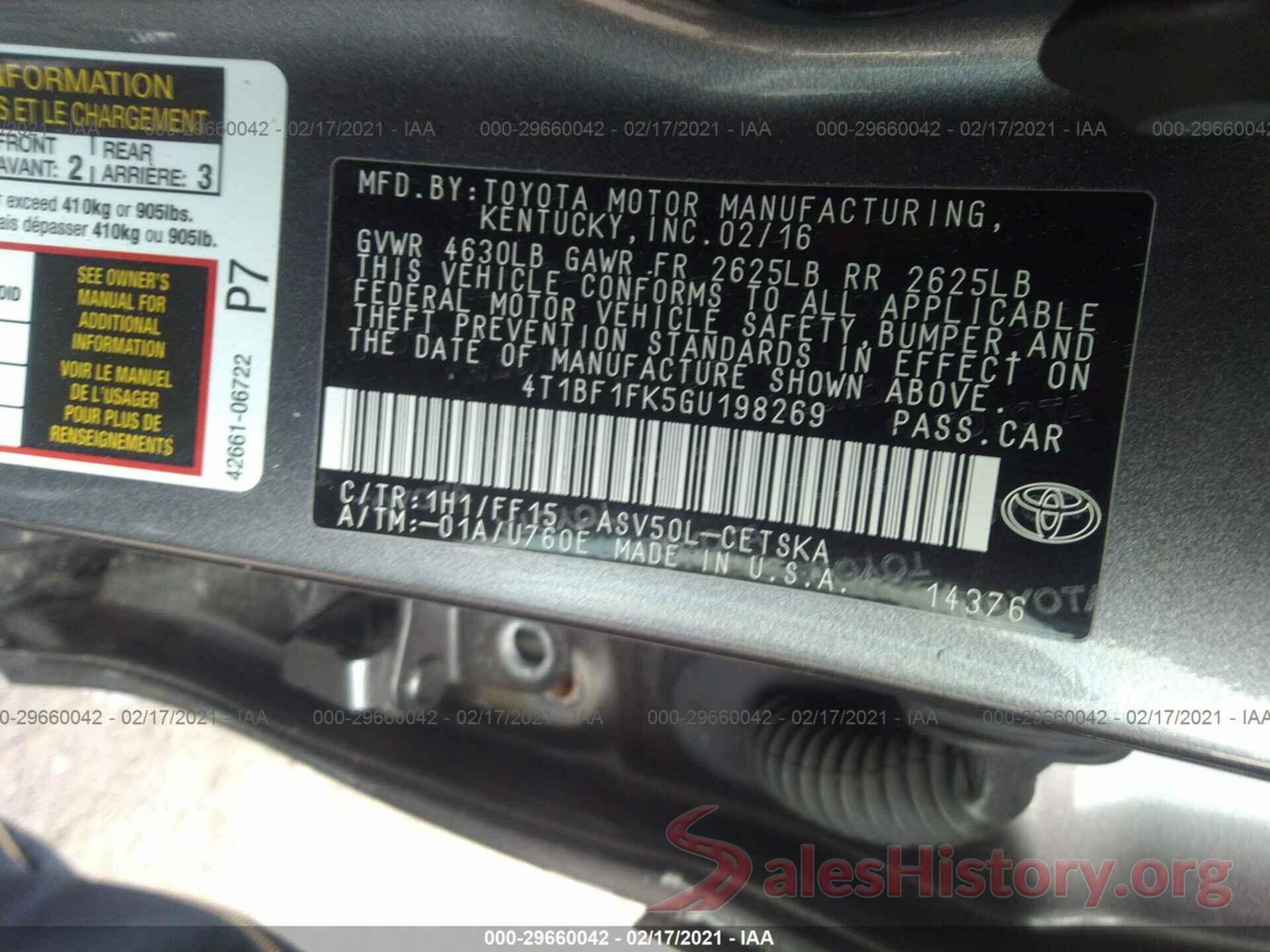 4T1BF1FK5GU198269 2016 TOYOTA CAMRY