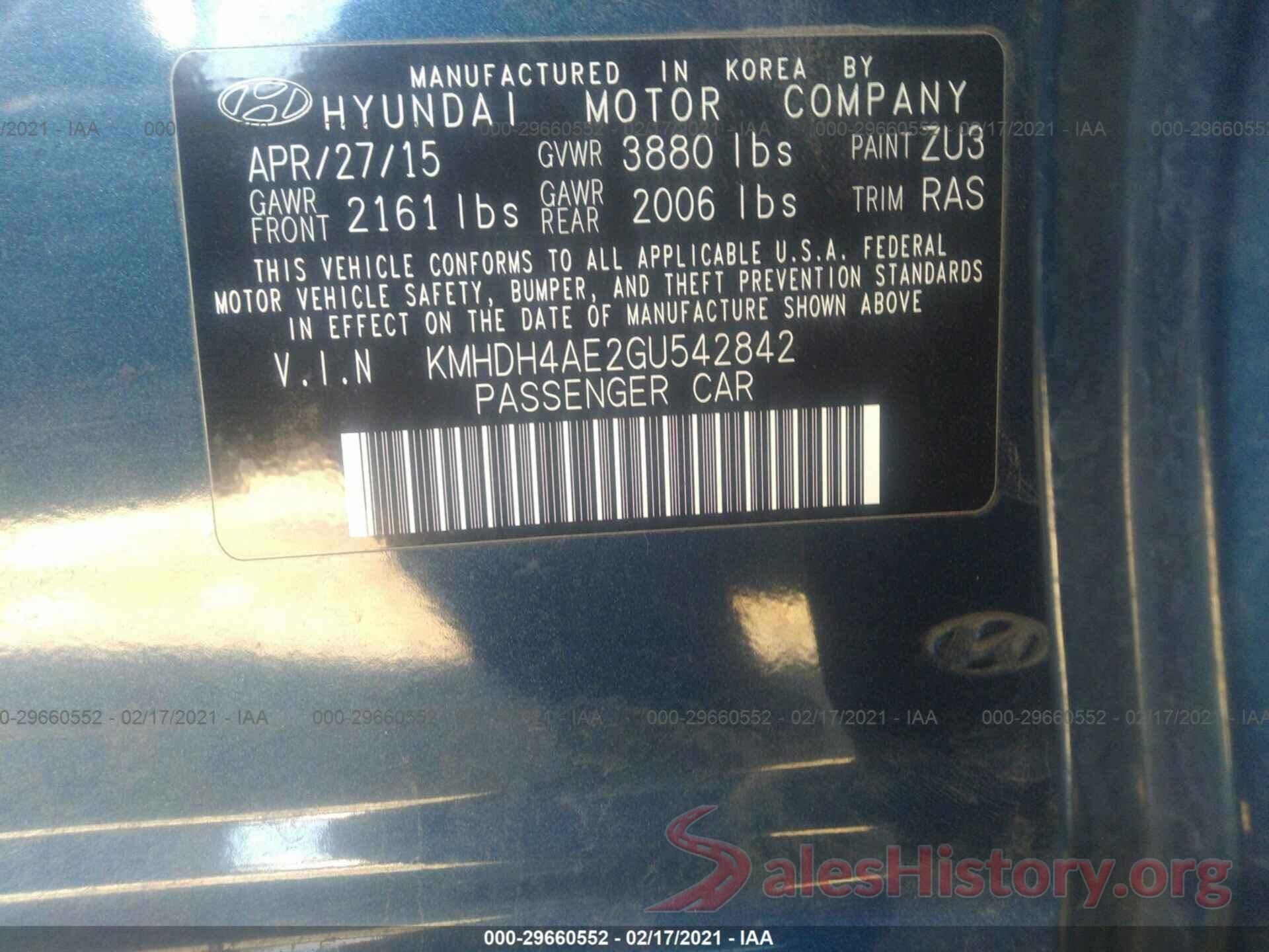 KMHDH4AE2GU542842 2016 HYUNDAI ELANTRA