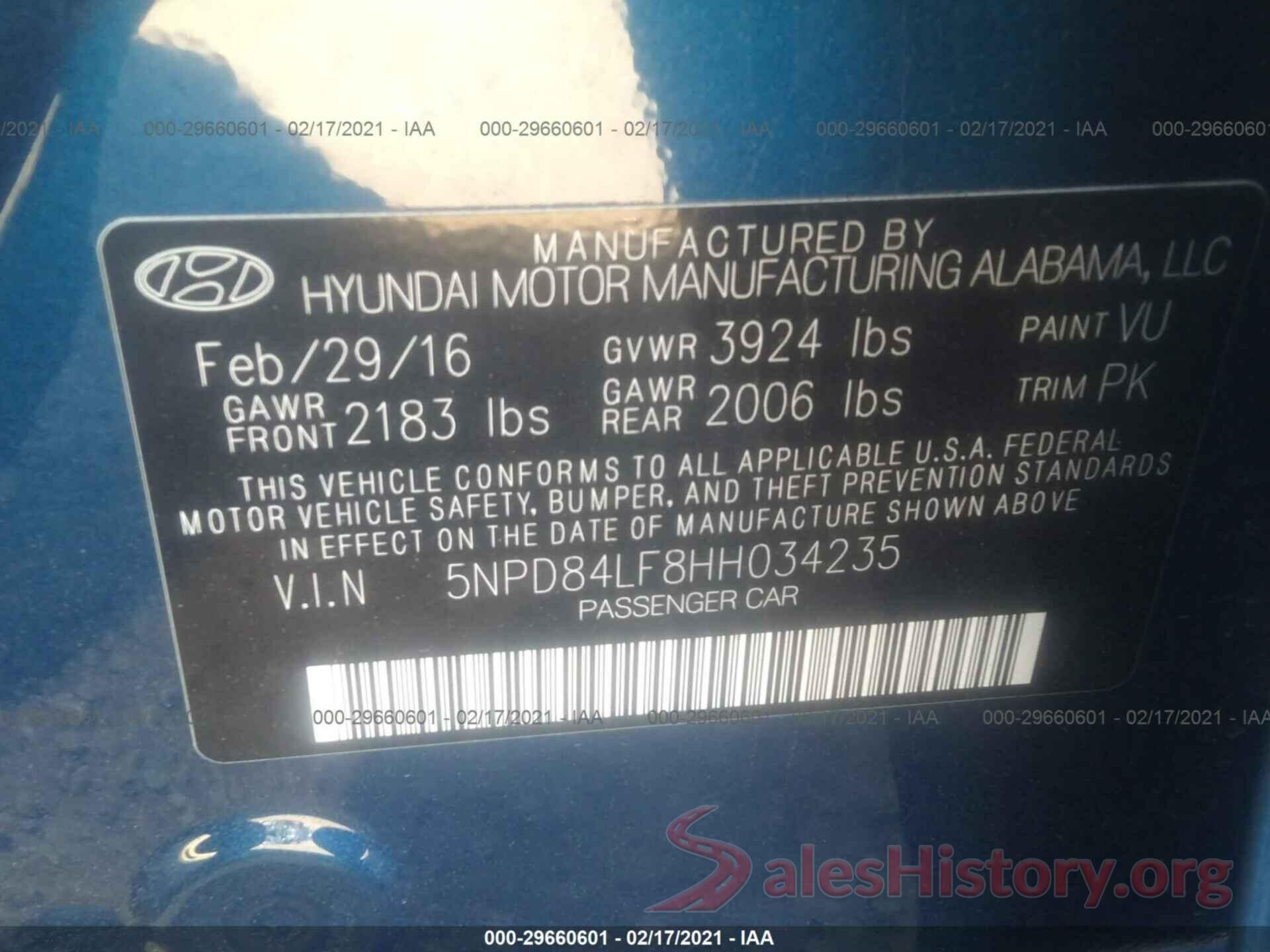 5NPD84LF8HH034235 2017 HYUNDAI ELANTRA