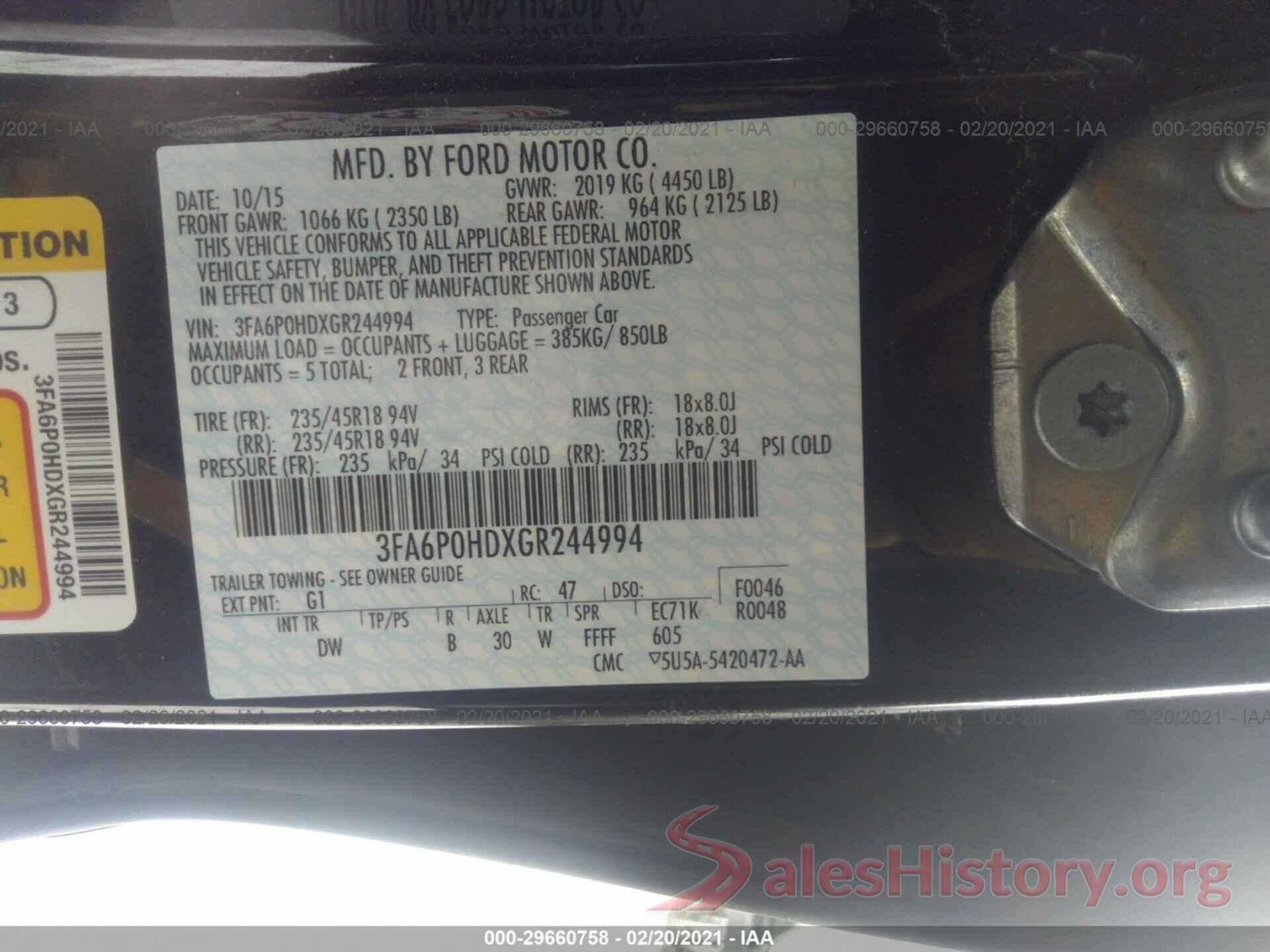 3FA6P0HDXGR244994 2016 FORD FUSION