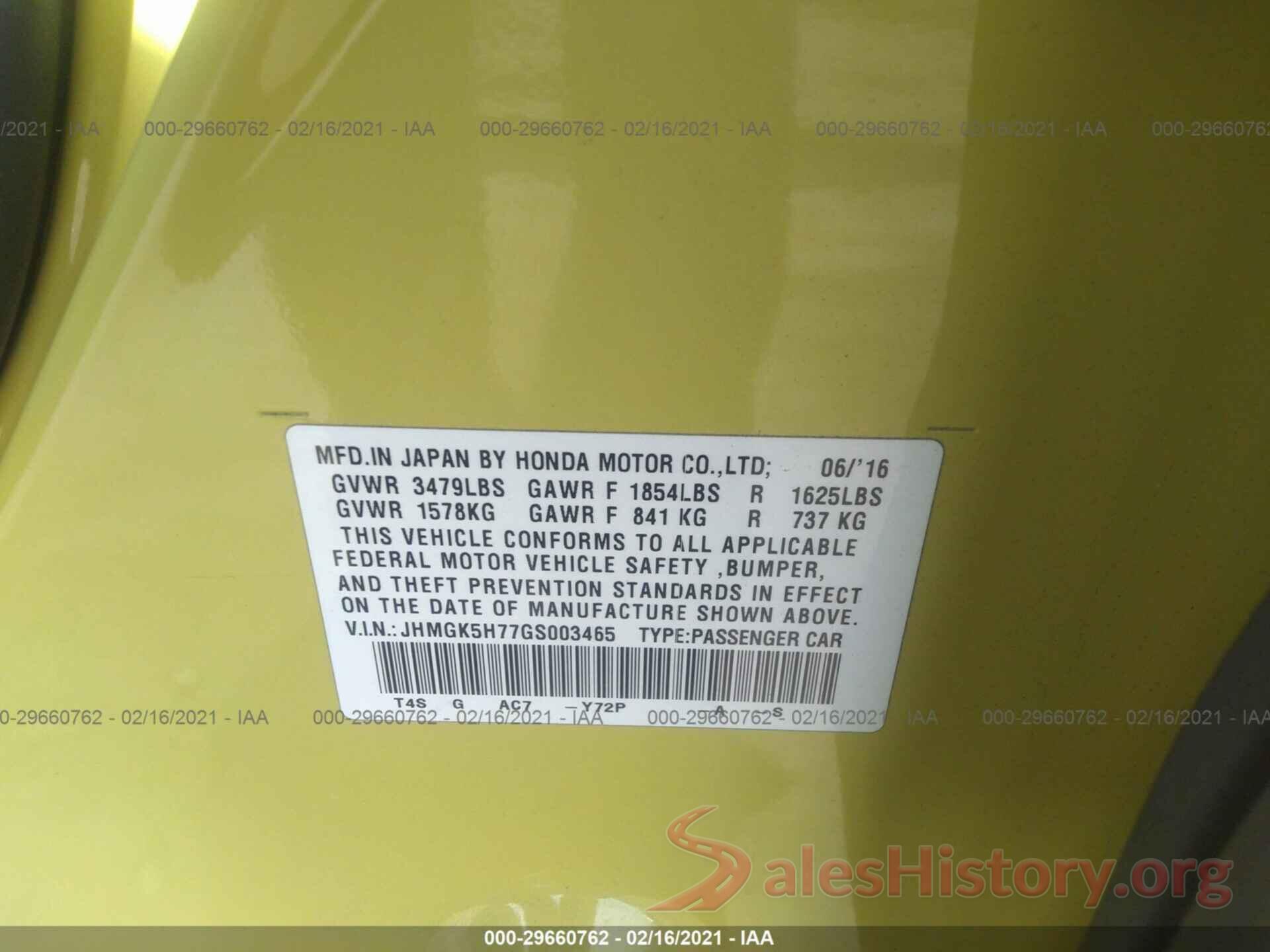 JHMGK5H77GS003465 2016 HONDA FIT