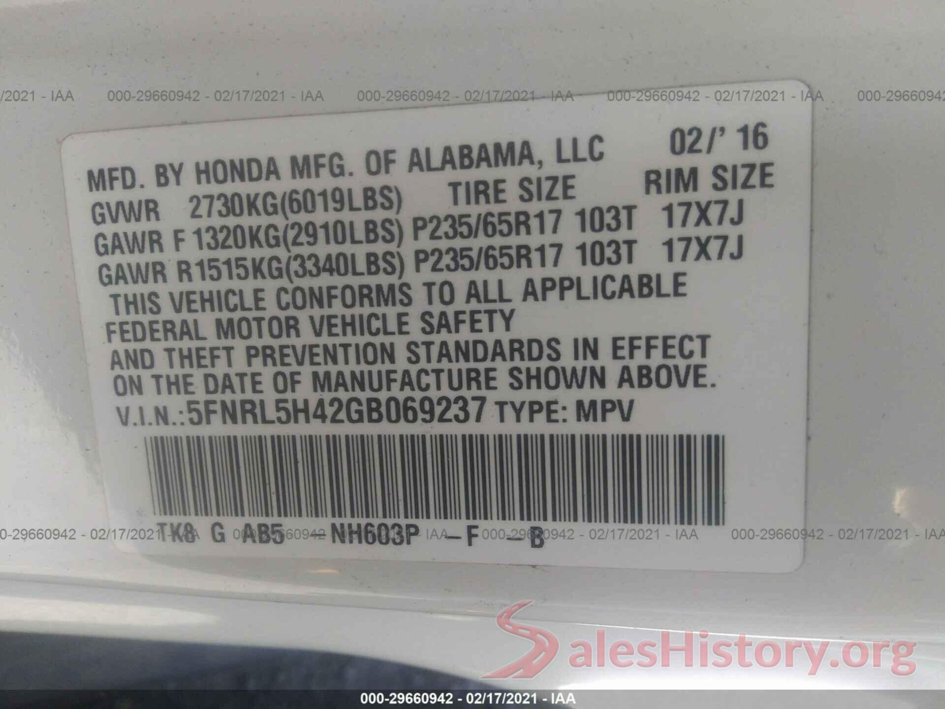 5FNRL5H42GB069237 2016 HONDA ODYSSEY