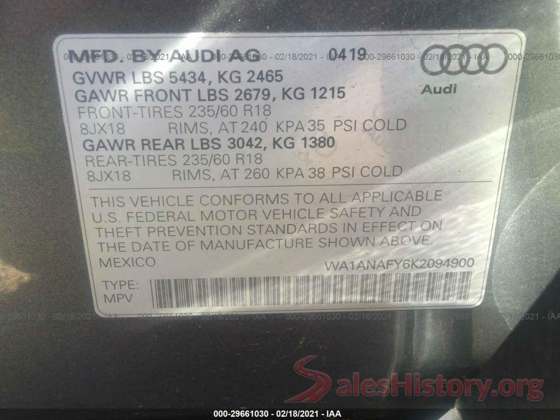 WA1ANAFY6K2094900 2019 AUDI Q5