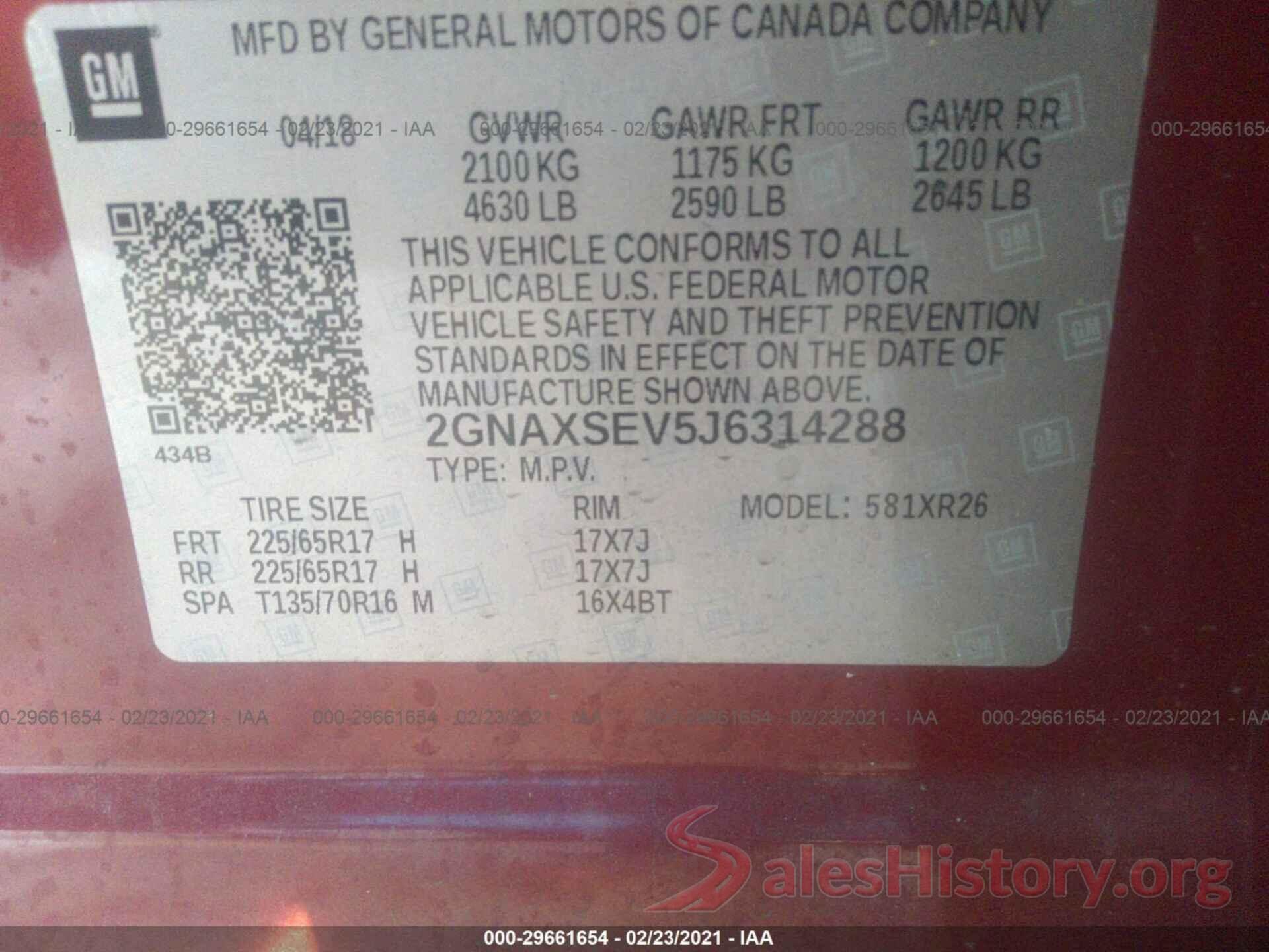 2GNAXSEV5J6314288 2018 CHEVROLET EQUINOX